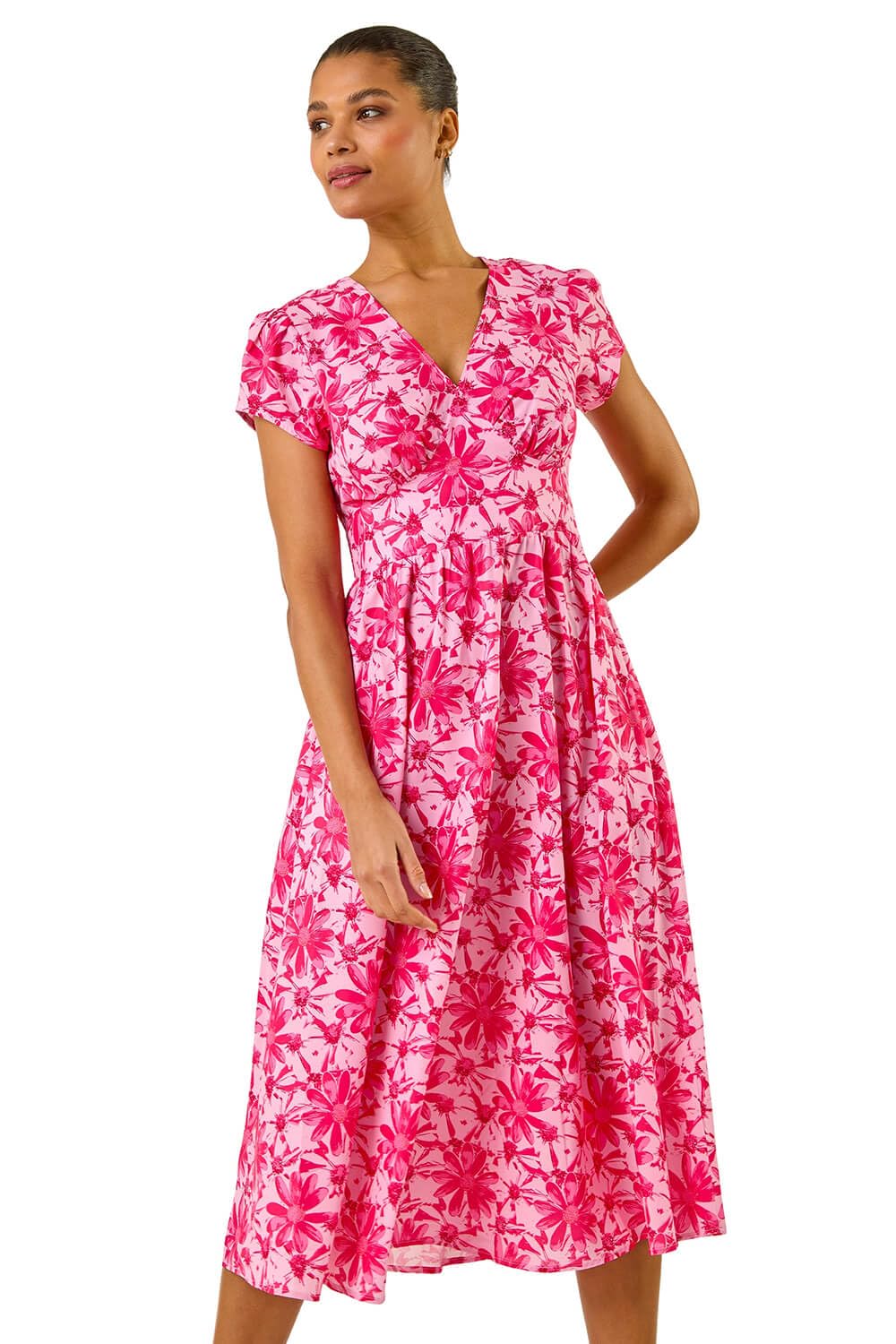 Roman Women's Pink Floral Print Midi Tea Dress In Size 12