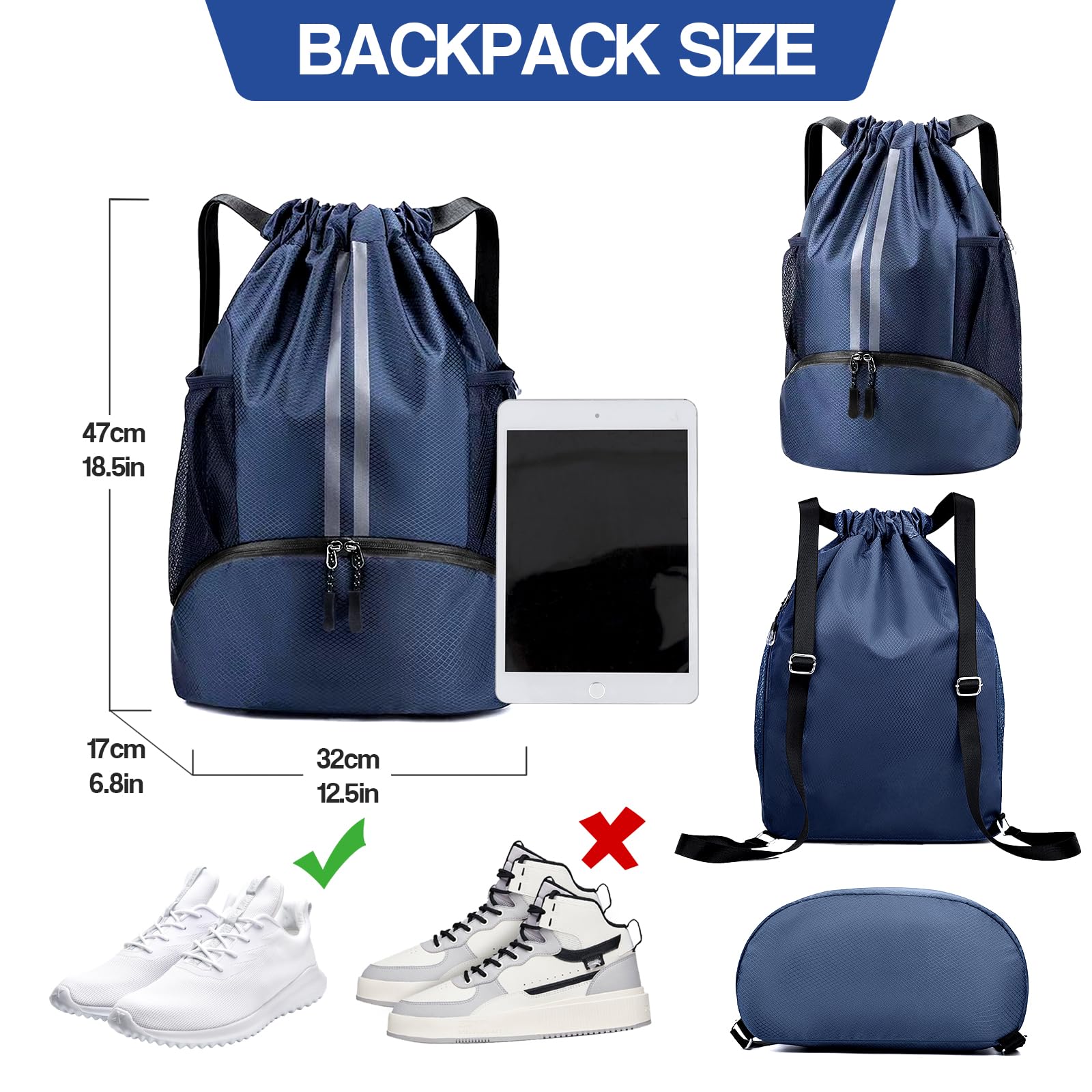 Minicoco Drawstring Backpack, Large Gym Bag Oxford Sports & Outdoor Backpack with Shoe Compartment, Waterproof for Men Women - Image 3