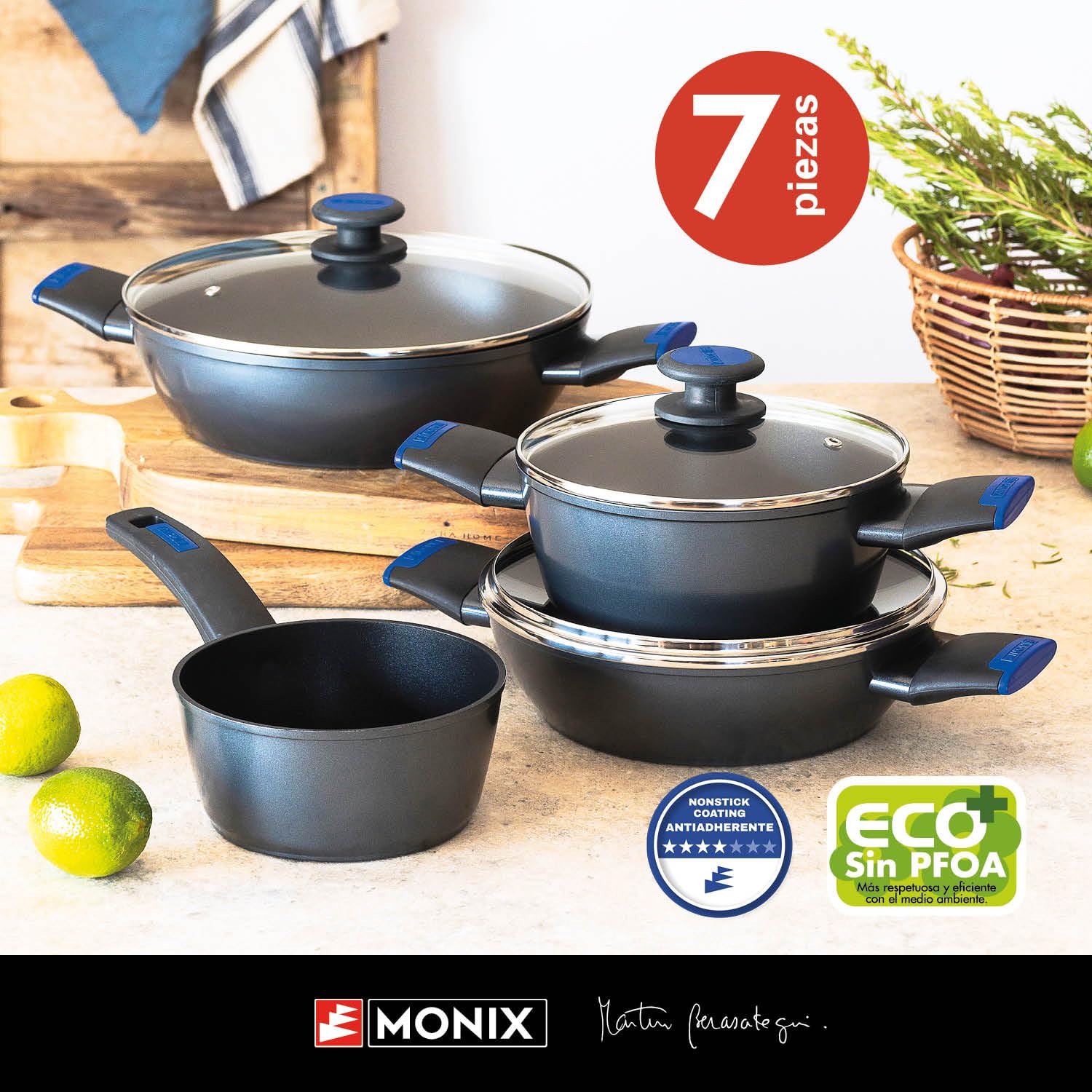 MONIX Martín Berasategui | Batería de cocina 7 piezas, Aluminio Forjado con Antiadherente, sin PFOA, Apta para todo tipo de Cocinas incluida Inducción
