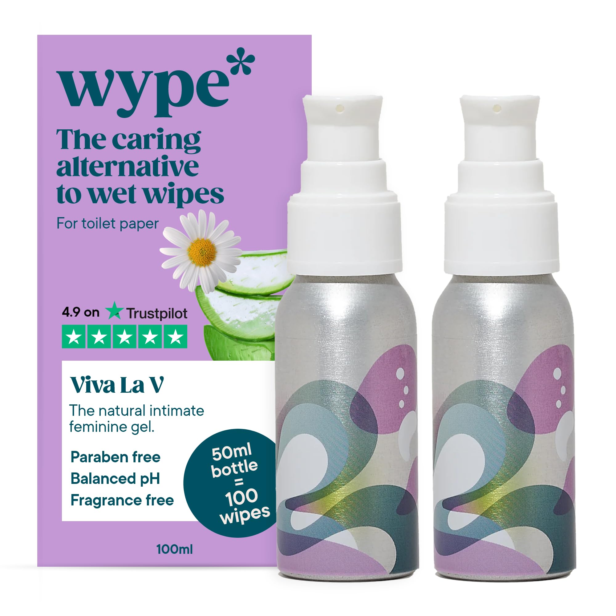 Wype | Viva La V Duo | Intimate Wipes Alternative | Toilet Roll Gel | Feminine pH Balanced, Rose & Geranium Scented | COSMOS Organic | Equivalent To 200 Wipes | 50ml x2