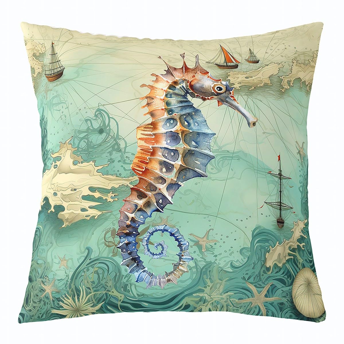 Homemissing Set di 4 federe decorative per cuscini con cavalluccio marino, 50 x 50 cm, con stampa di barca a vela, per divano, a tema oceano, vita marina, per esterni