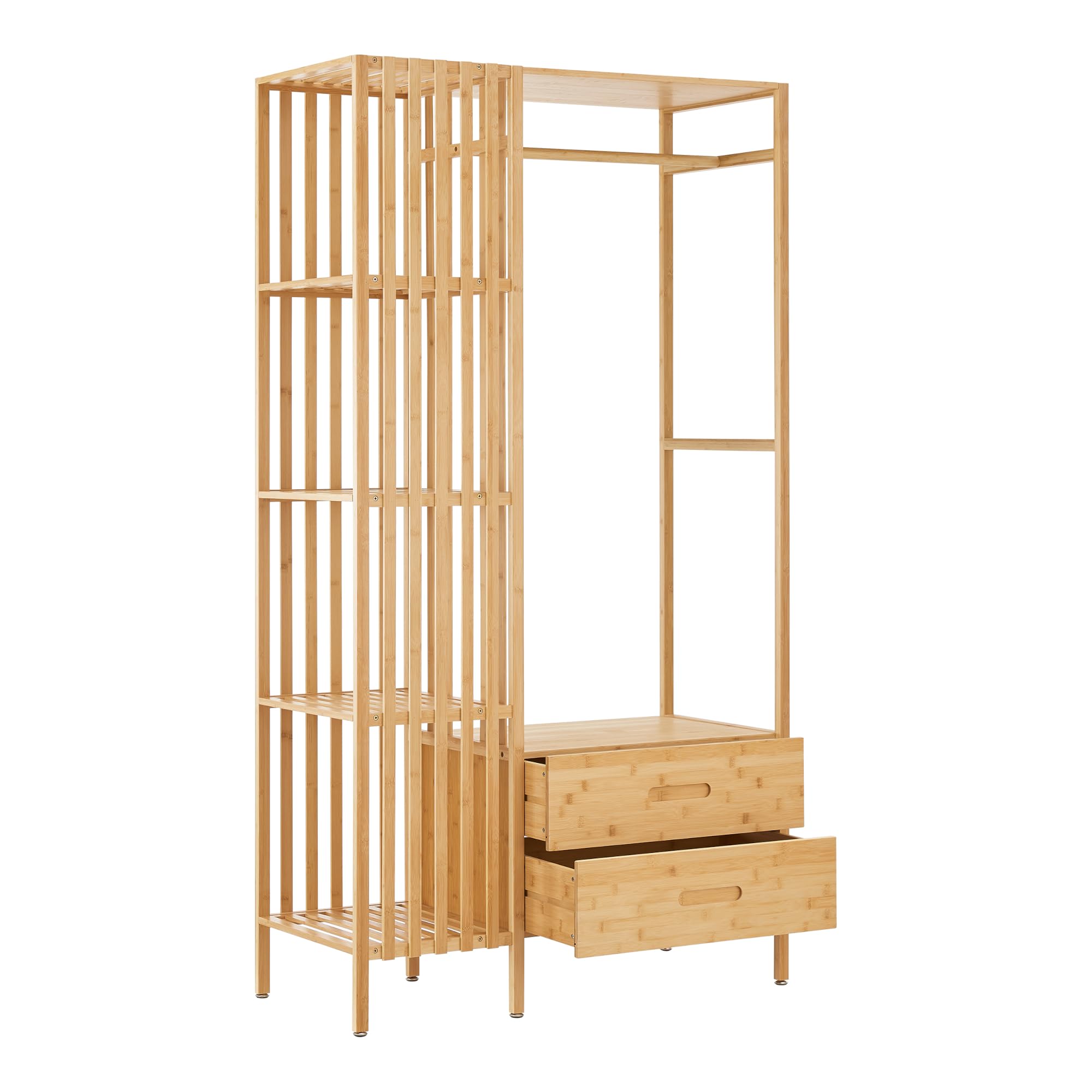 [en.casa] Perchero Burro con 2 Cajones y 4 Estantes Laterales de Rejilla Soporte de Ropa 185x100x45 cm Estilo Moderno Óptima Ventilación para Dormitorio Recibidor Oficina Bambú - Natural