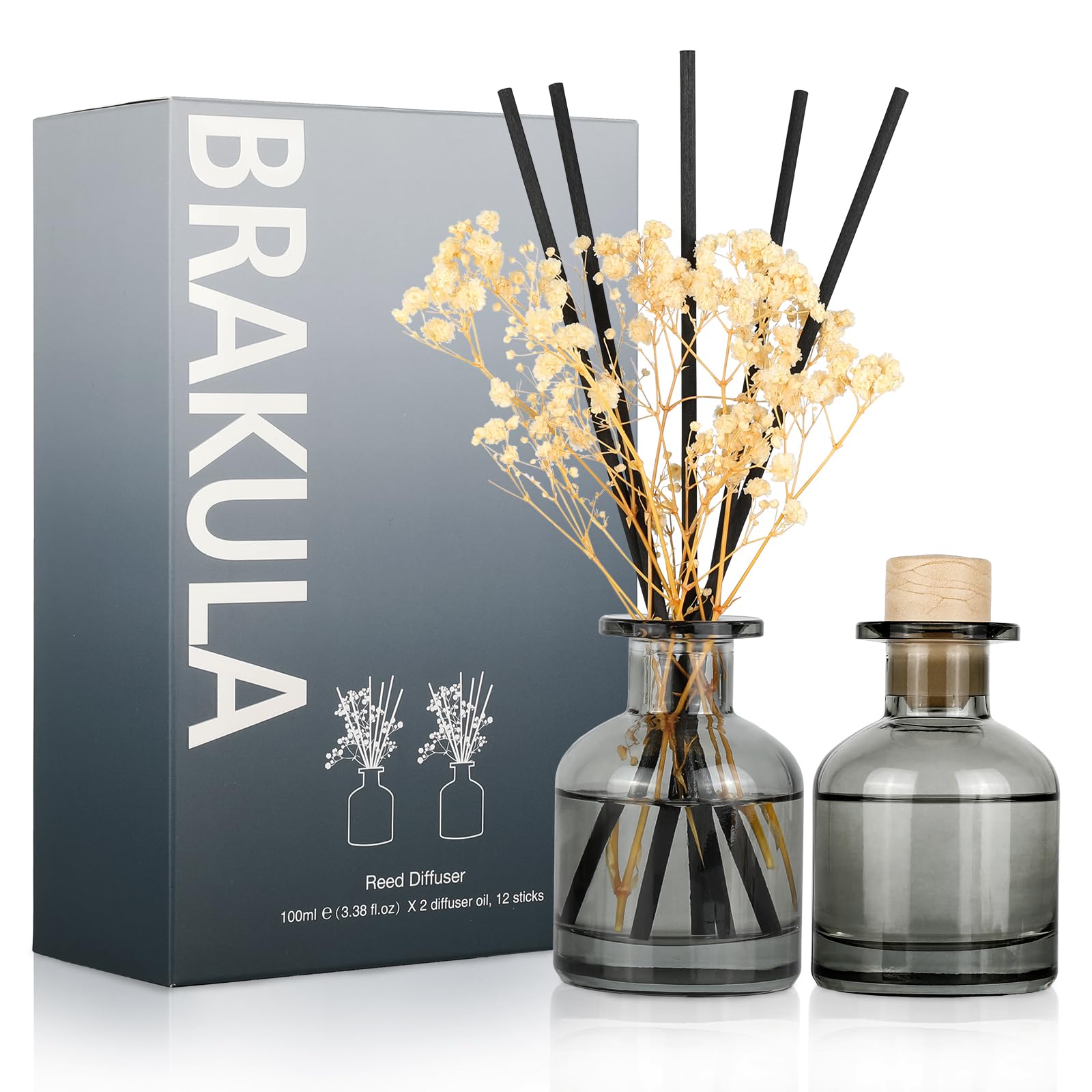 Brakula 2 Pack Reed Diffuser, Bamboo + Eucalyptus & Wild Mint (3.38 fl oz Each Pack), Home Fragrance with 12 Sticks,Bathroom Decor, Reed diffusers for Home
