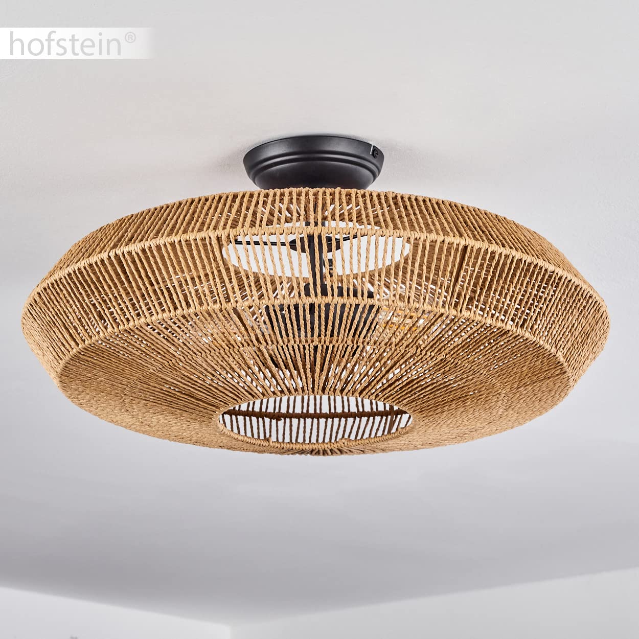 Lampada da soffitto Cassano, lampada da soffitto moderna in metallo/rattan in nero/natura, lampada dal design moderno con effetto luce, ø51,5 cm, 1 luce, 1 x E27, senza lampadina/e