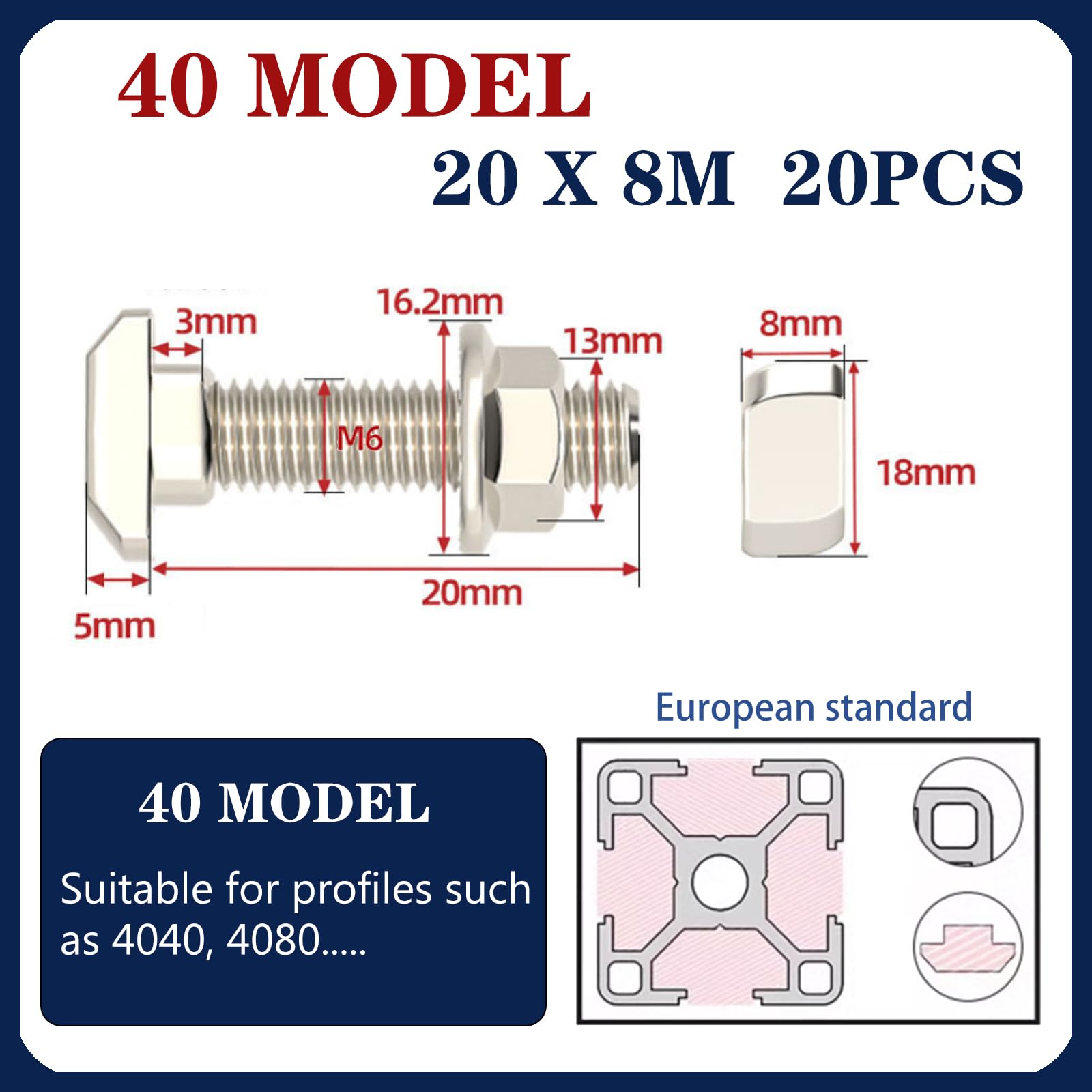 20 Sets T Bolt Kit, Hammer Head T-Bolt set, Contains T-shaped stud and M5 Flange Nut - Image 2