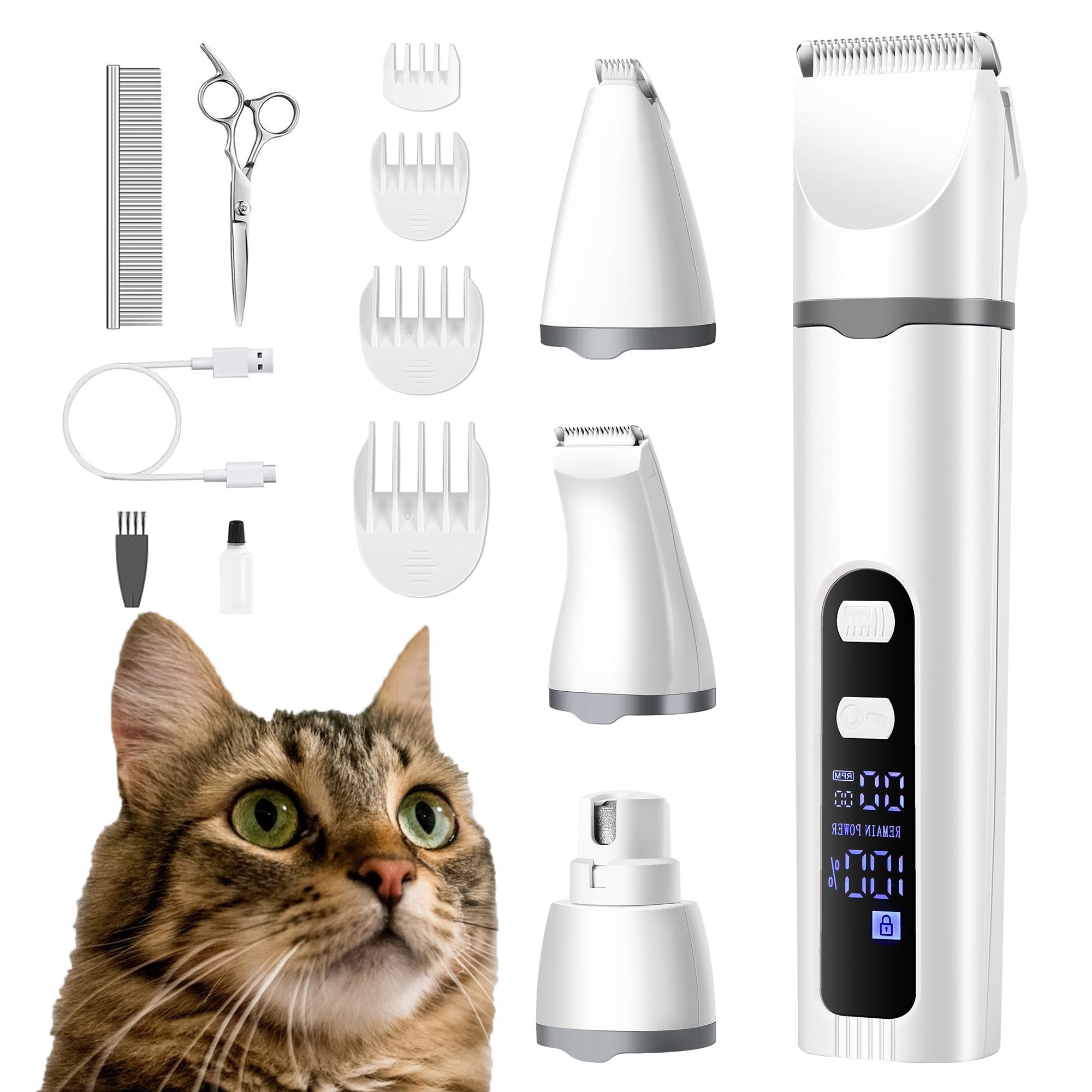 BreeyPaws Cat Clippers Dog Paw Trimmer Grooming Kit,4 in 1 Cat Shaver for matted Fur Claw Silent,Pet Shaver Trimmer for Dogs Cats Paws,2 Speed Battery Display Startup Locked USB Charge Cable (Grey) — image 1