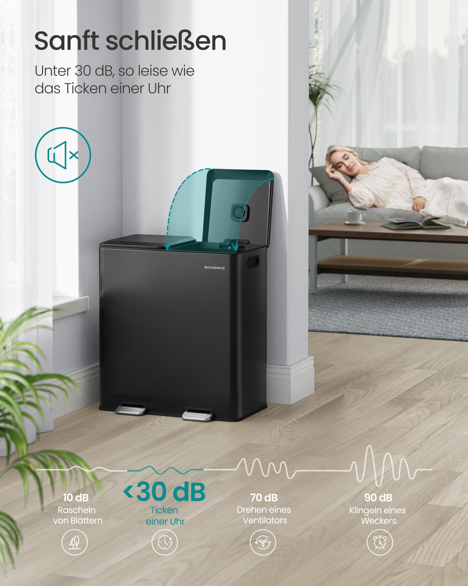 SONGMICS Mülleimer Küche, 2 x 30 L, 2 Fächer, Mülltrennsystem, Softclose, herausnehmbare Inneneimer, Pedalen, Stahl, tintenschwarz LTB743B02
