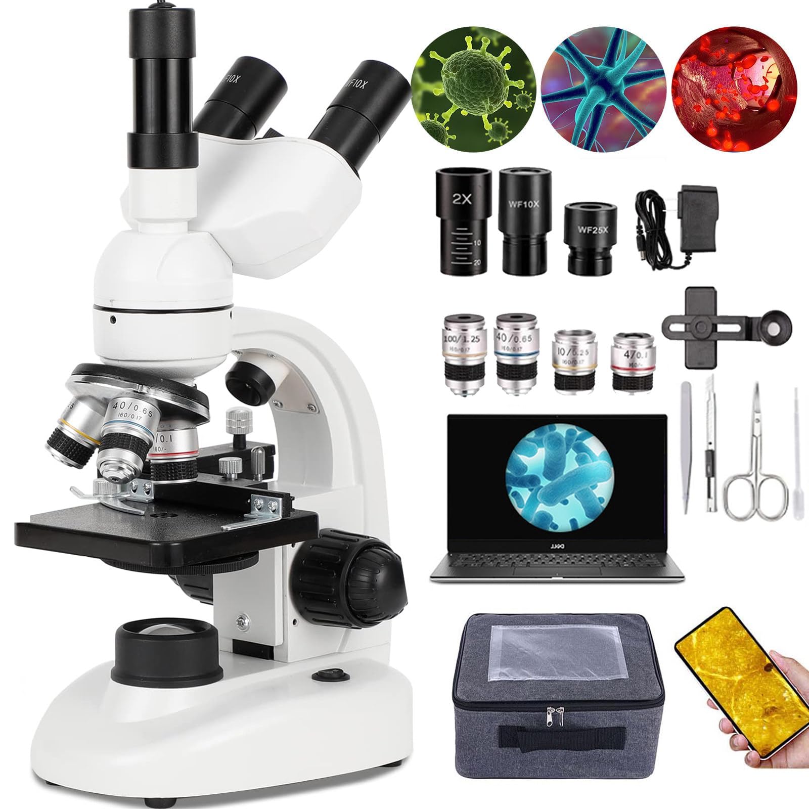 Microscopio Composto da Laboratorio 40x-5000x-Testa Trinoculare, Tavolino Meccanico+Messa A Fuoco Ultraprecisa+Oculare Elettronico, per Acquacoltura/Istruzione/Chimica/Industria Medica,White