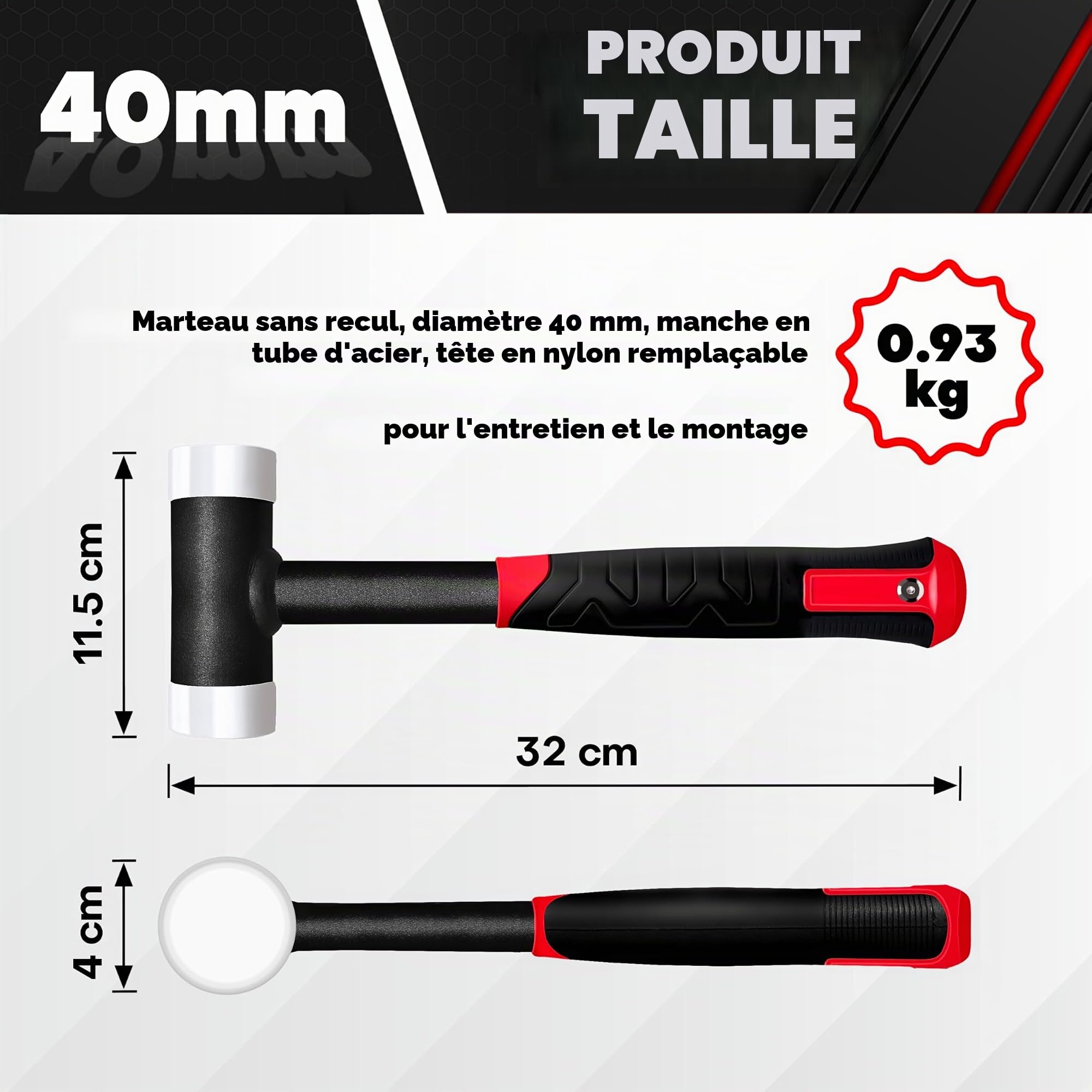 C&T Maillet souple anti-retour, 40 mm de diamètre, manche en tube d'acier, tête en nylon remplaçable pour l'entretien et le montage