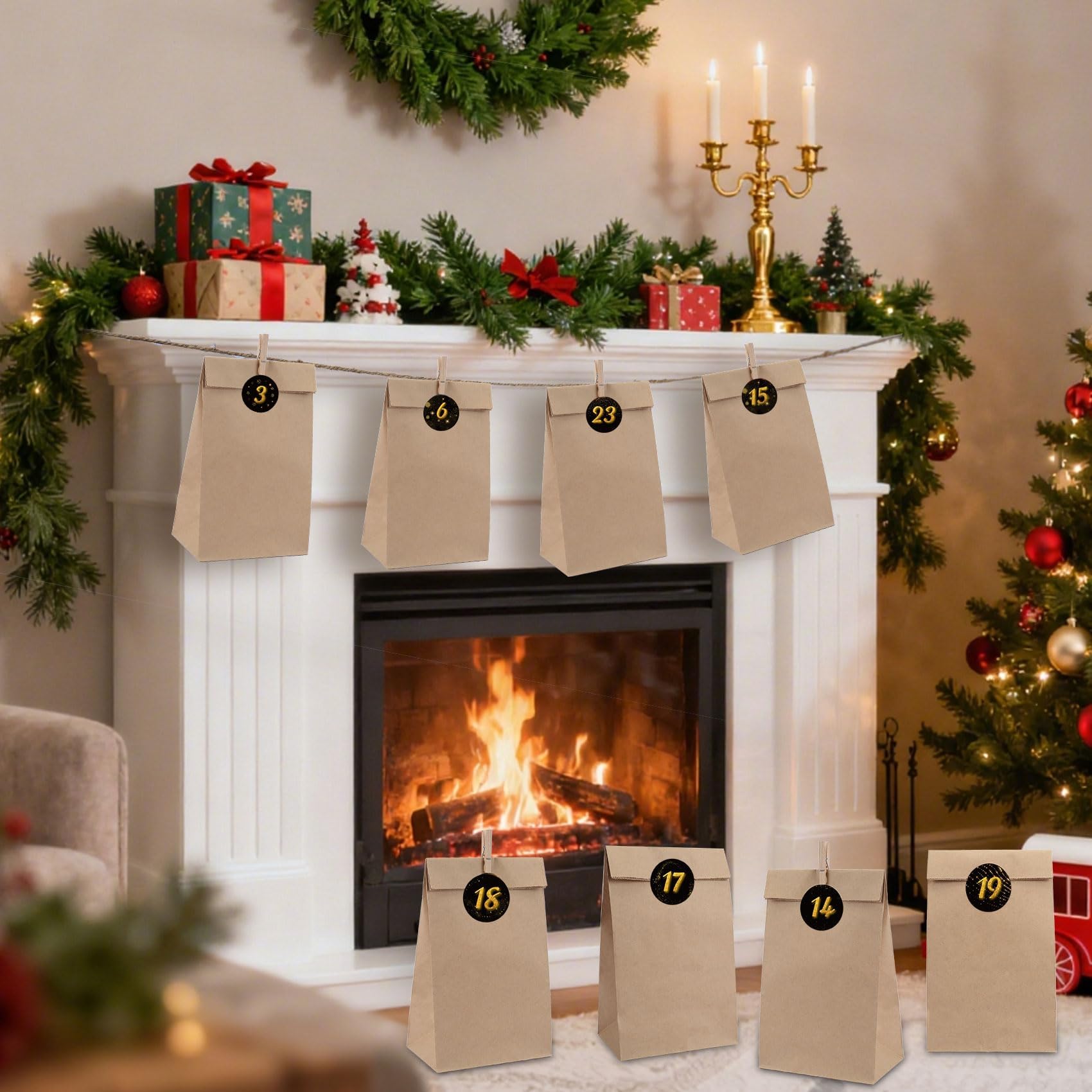 HAUSPROFI Sac Calendrier De L'Avent Noël - 24 Sachets Kraft DIY Avec Autocollants Et Clips