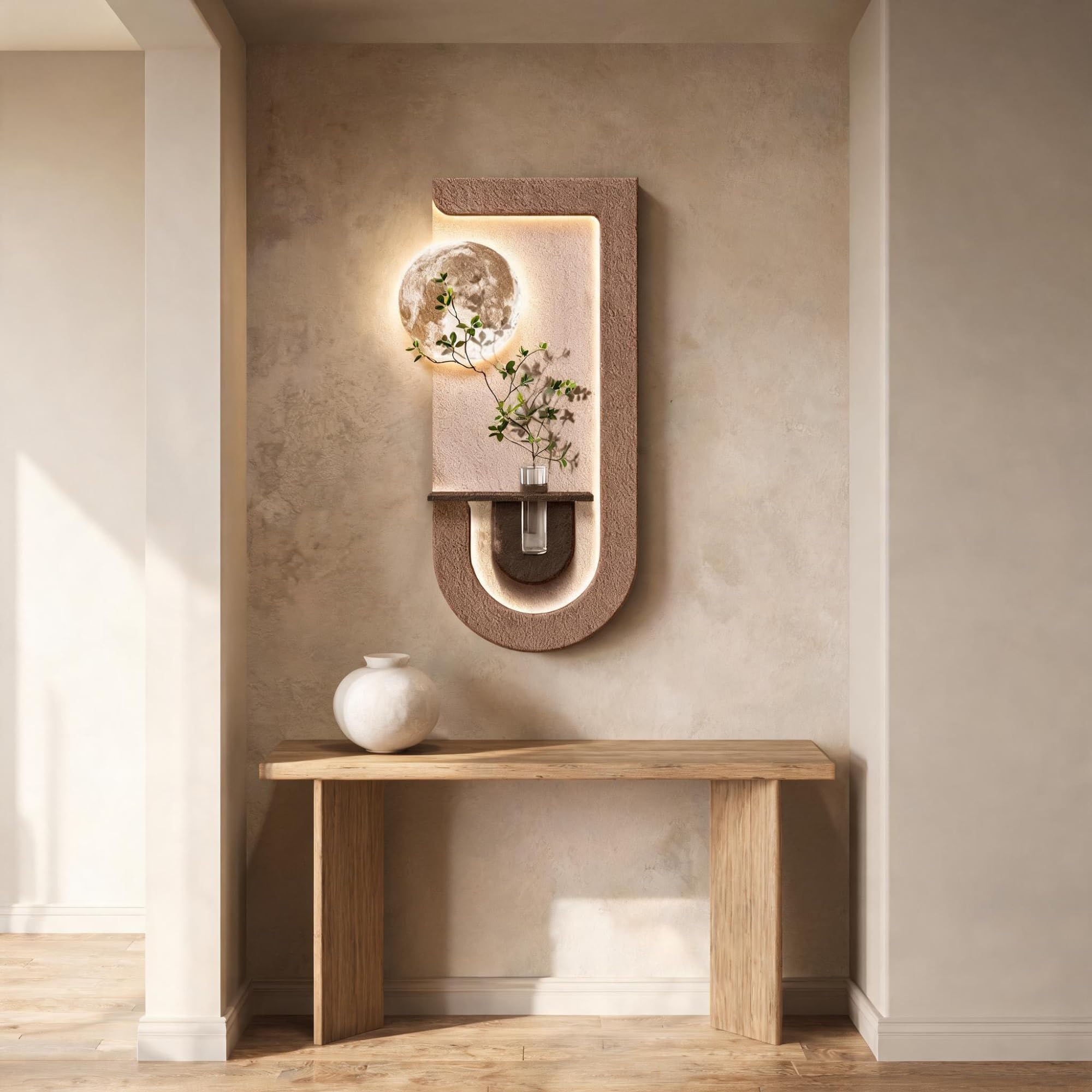 YDAECKRYVB Wandskulpturen 3d mit led,Moderne beleuchtetes wandbild,Wandbilder aus sandstein inkl vase und kunstpflanzen für wohnzimmer, eingang, flur,mondlampe