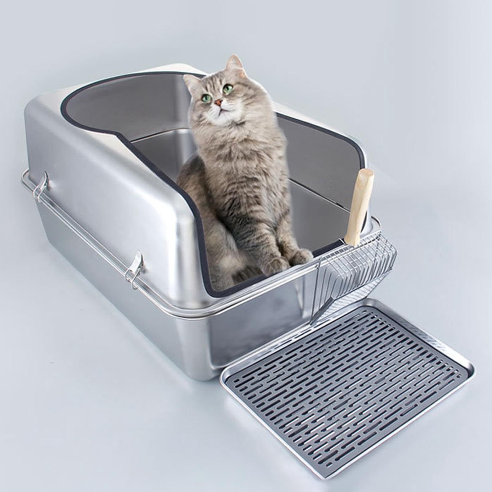 Katzentoilette aus Edelstahl mit hohen Seitenwänden, die das Verschütten von Katzenstreu verhindern. Die Katzentoilette für den Innenbereich bietet