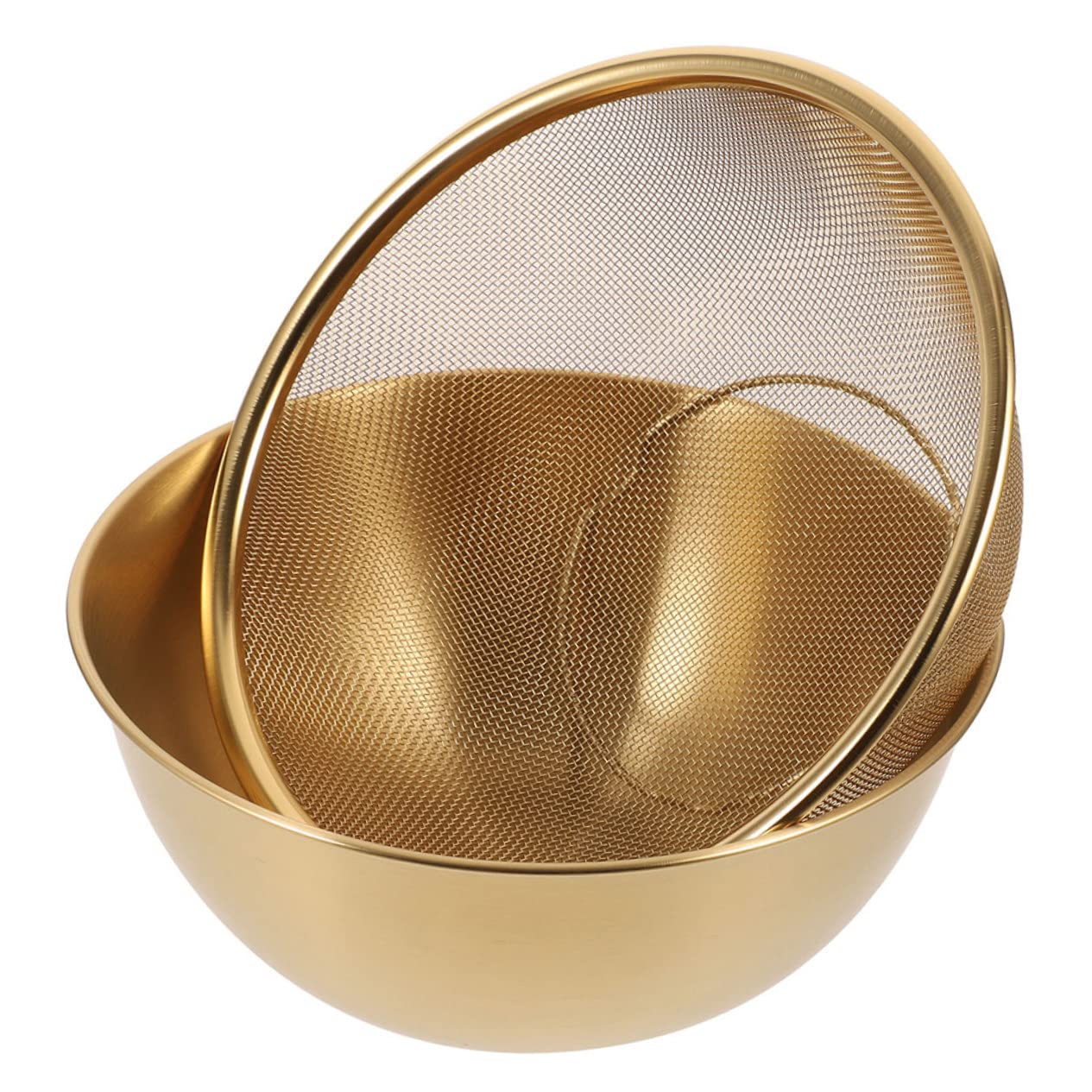 Mikikit Set da 1 Cesta Scolapasta in Acciaio Inossidabile Rete Fine e Ciotola Dorata per Lavare Frutta e Verdura, Resistente e Non Deformabile, per Cucina