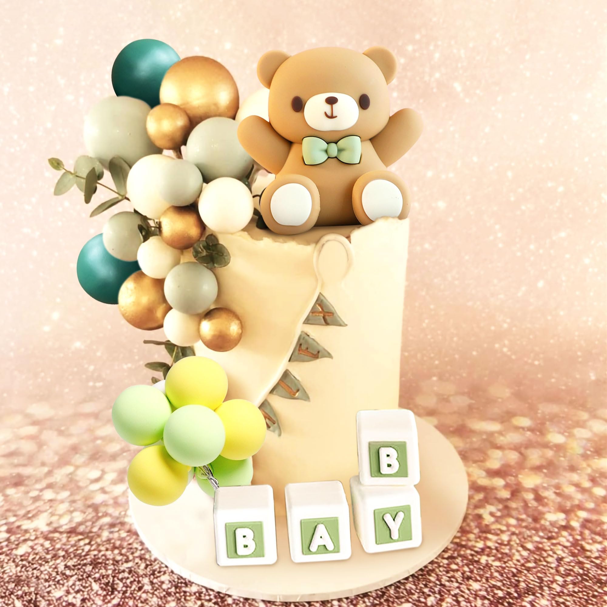 Snapklik.com : LaVenty Sage Green Baby Shower Teddy Bear Cake Topper