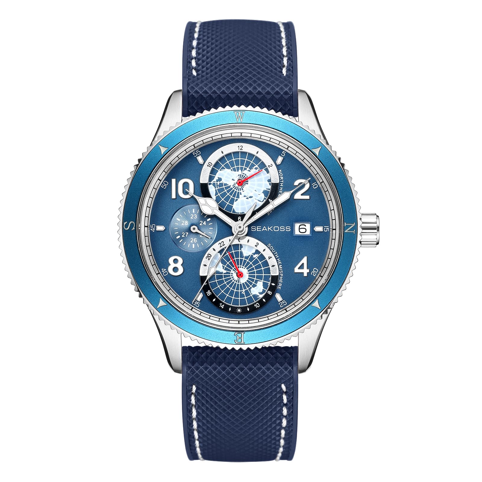 SEAKOSS Men Diving Automatic Mechanical Watch Calendar Month Year Display Super C3 Luminous Dial World Earth North South Hemisphere 100m Dive Wrist Watches, Blue Dial & Blue Band, Modern (B0CQXVH9QQ) Amazon Price History, Amazon Price Tracker
