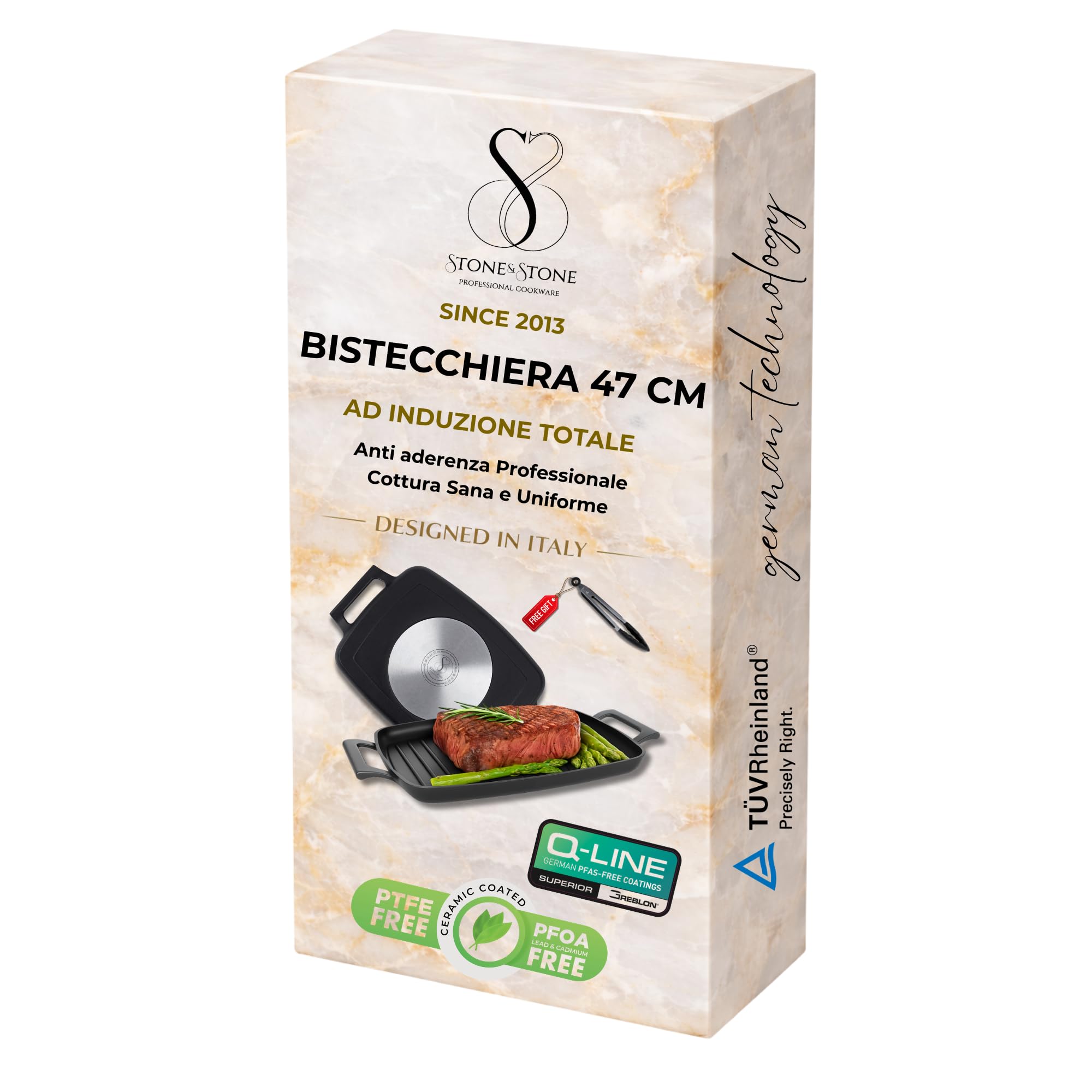 Stone&Stone Bistecchiera Induzione 47 cm Rettangolare, Piastra Grill Induzione BBQ Antiaderente con Rivestimento Ceramico Tedesco, Fondo Acciaio Pieno, con Pinza, Gas e Forno, Senza PFAS PFOA PTFE