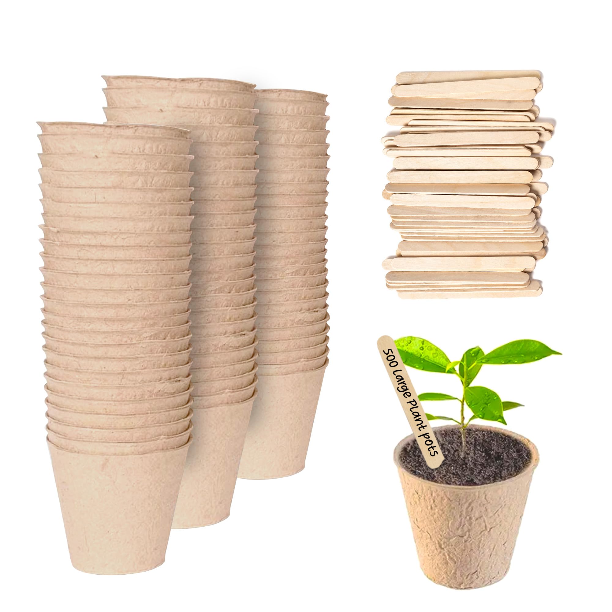Green Thumbz Plant Pots - 500 Pack (8cm) Fibre Pots for Seedlings with Wooden Labels for Easy Transplanting - Large Plant Pots for Seedlings, Vegetables, Flowers and Herbs
