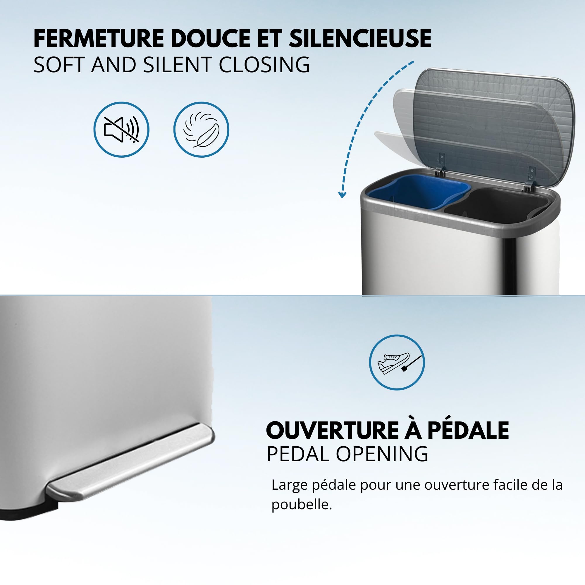 KITCHEN MOVE Poubelle de cuisine à pédale tri sélectif recyclage 60L(30L+30L) EMPIRE en acier Inox brossé avec seau
