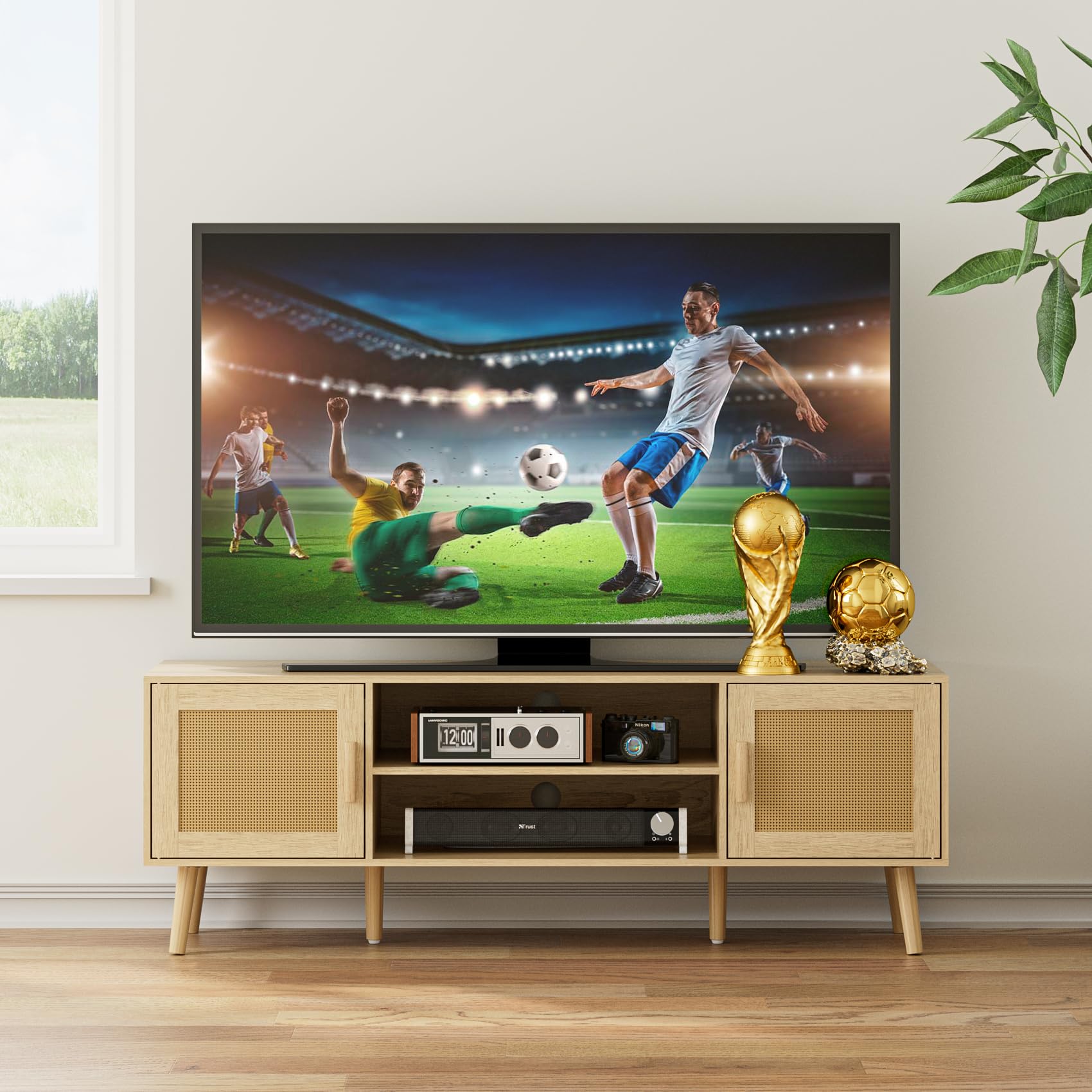 HEYZOEY TV Schrank, Lowboard Weiß, Fernsehschrank für TV 60 Zoll,137x38x48 cm, TV Board Fernsehtisch mit 2 Schränken für Wohnzimmer