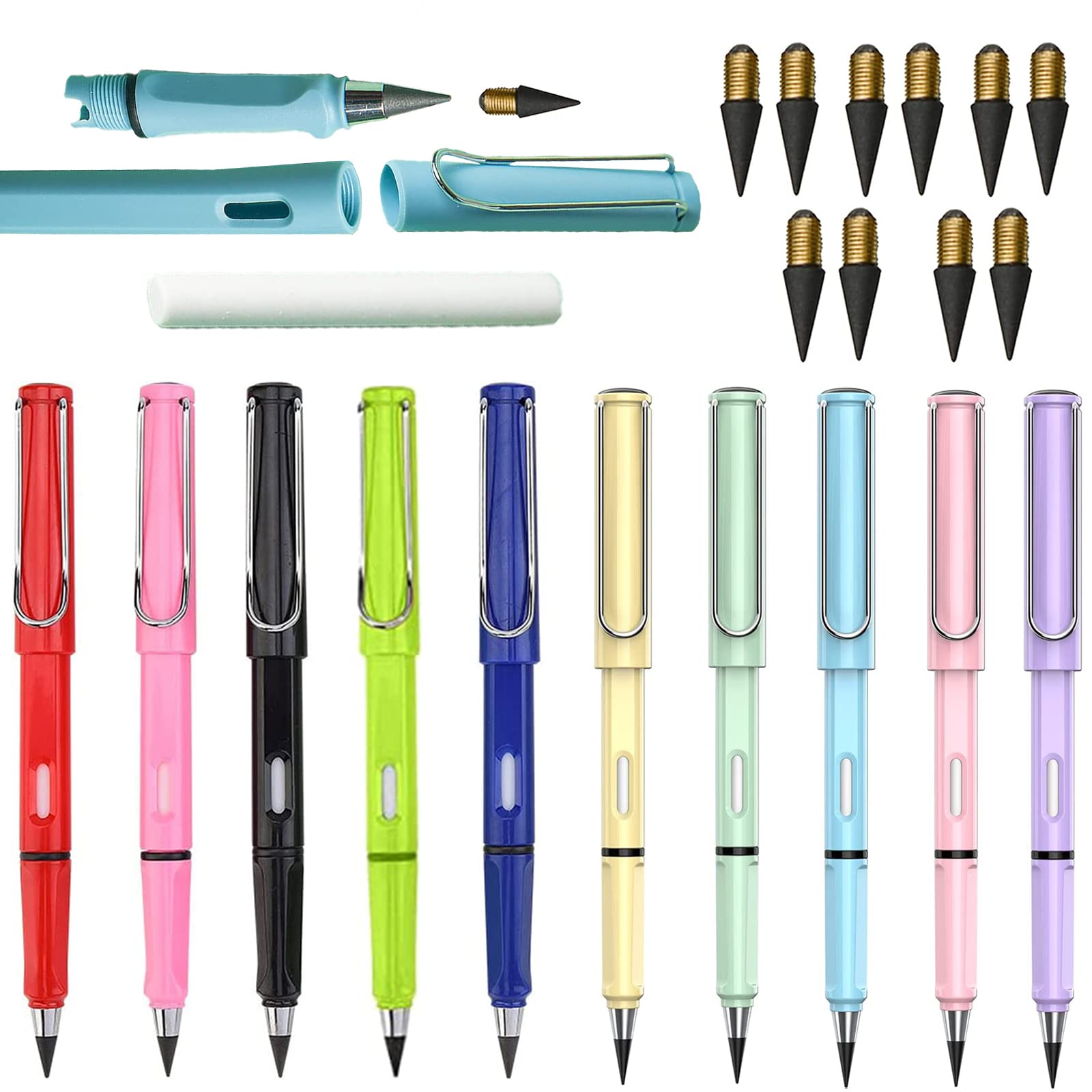 10 Sets Inkless Everlasting, Infinity Magic Pencil with Eraser, Tree-Friendly Cute Forever Pencil for Kids Writing, Sketch, Drawing, (10 Pencils + 10 Erasers + 10 Replacement Pen Tips) (Colour 2)