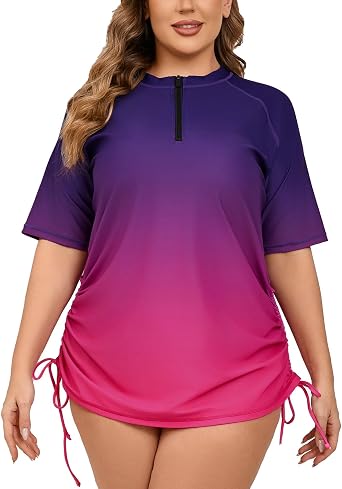 Halcurt Womens Plus Size Rash Guard Short Sleeve Swim Shirts with Tie Drawstring Half Zip UPF50+ Swimsuit Top