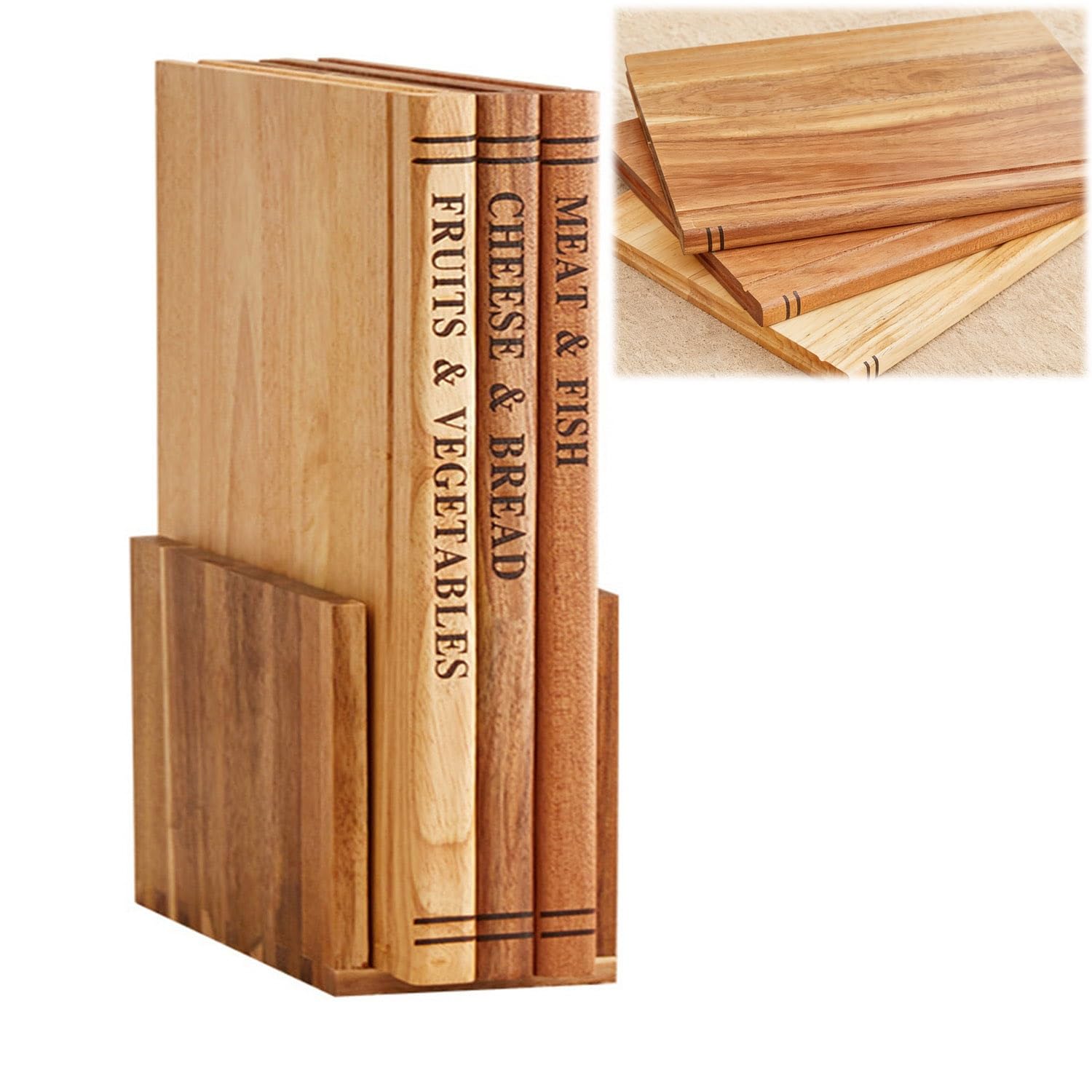 Set di 3 Taglieri a Forma di Libro, Taglieri Decorativi in ​​legno con Supporto, Tagliere Antiscivolo con Scanalatura per Il Succo, Tagliere Reversibile per Carne, Verdure, Frutta, Formaggio(Beige)