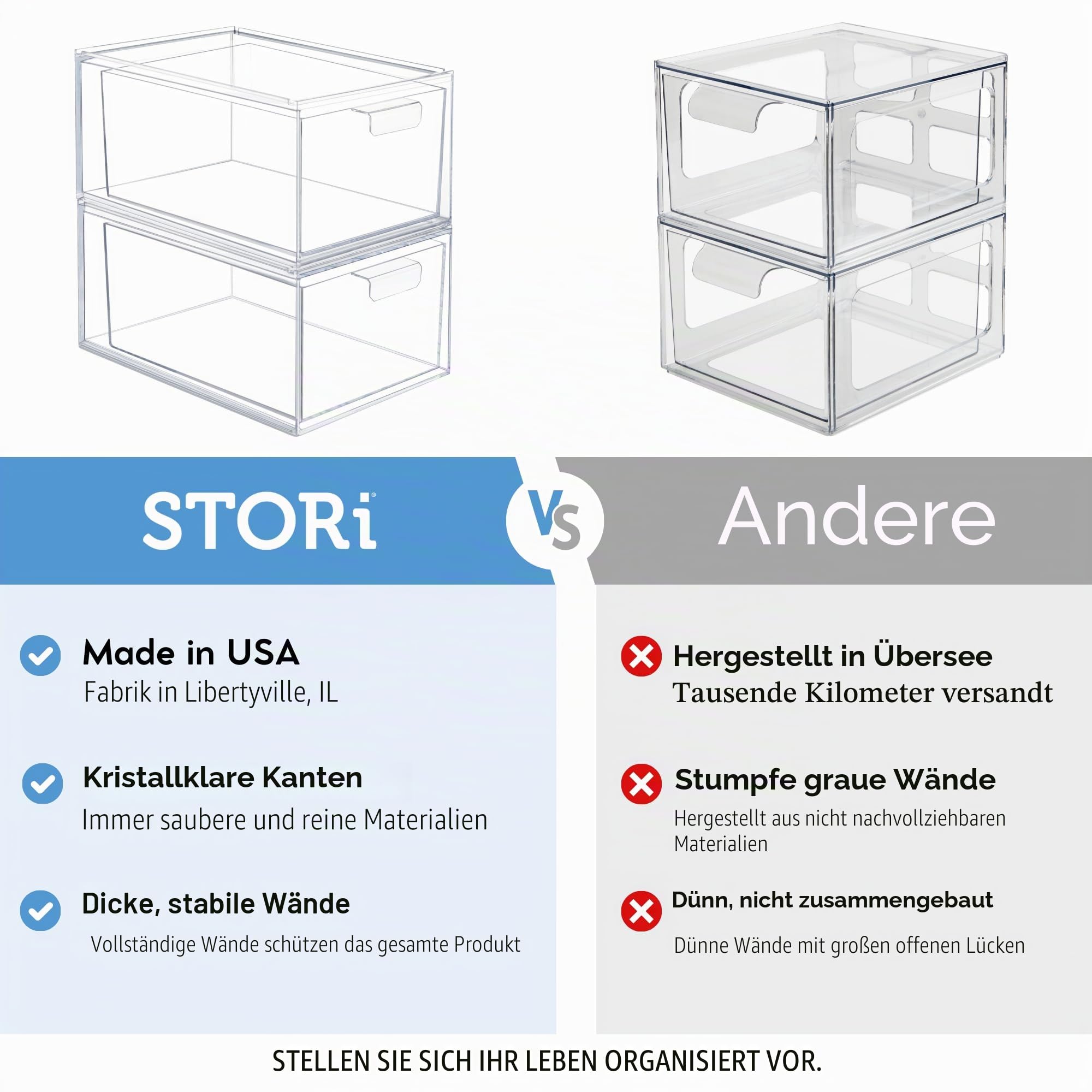STORi Audrey stapelbare transparente Kunststoff-Organizer-Schubladen, 2-teiliges Set zum Organisieren von Kosmetik- und Schönheitsartikeln auf einem Schminktisch, hergestellt in den USA