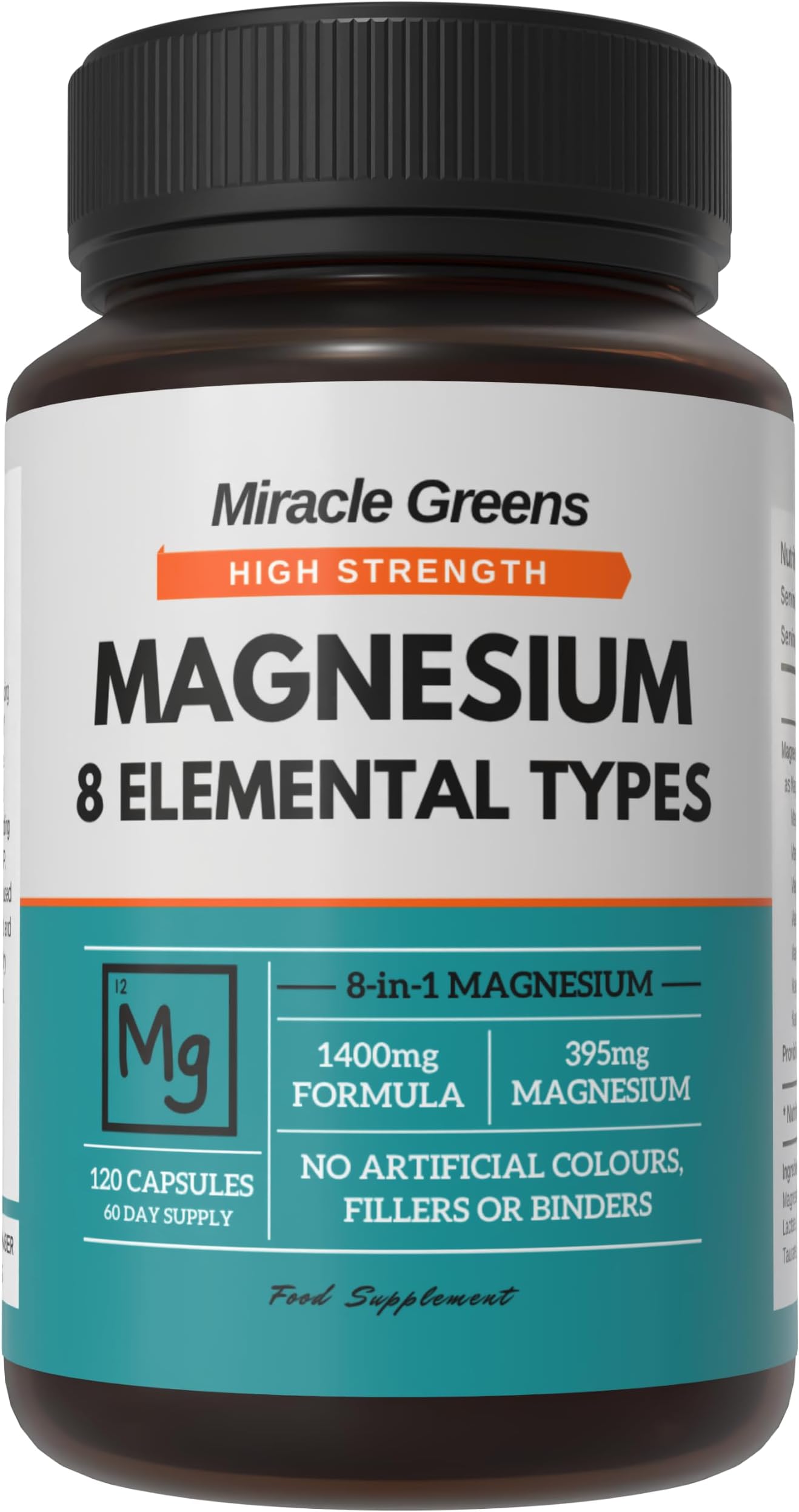 8 in 1 Magnesium Complex – Bisglycinate, Malate, Taurate, Gluconate, Lactate, Carbonate, Aspartate, and Oxide – 1400mg Formula Providing 395mg of Elemental Magnesium – 120 Capsules - Made in The UK