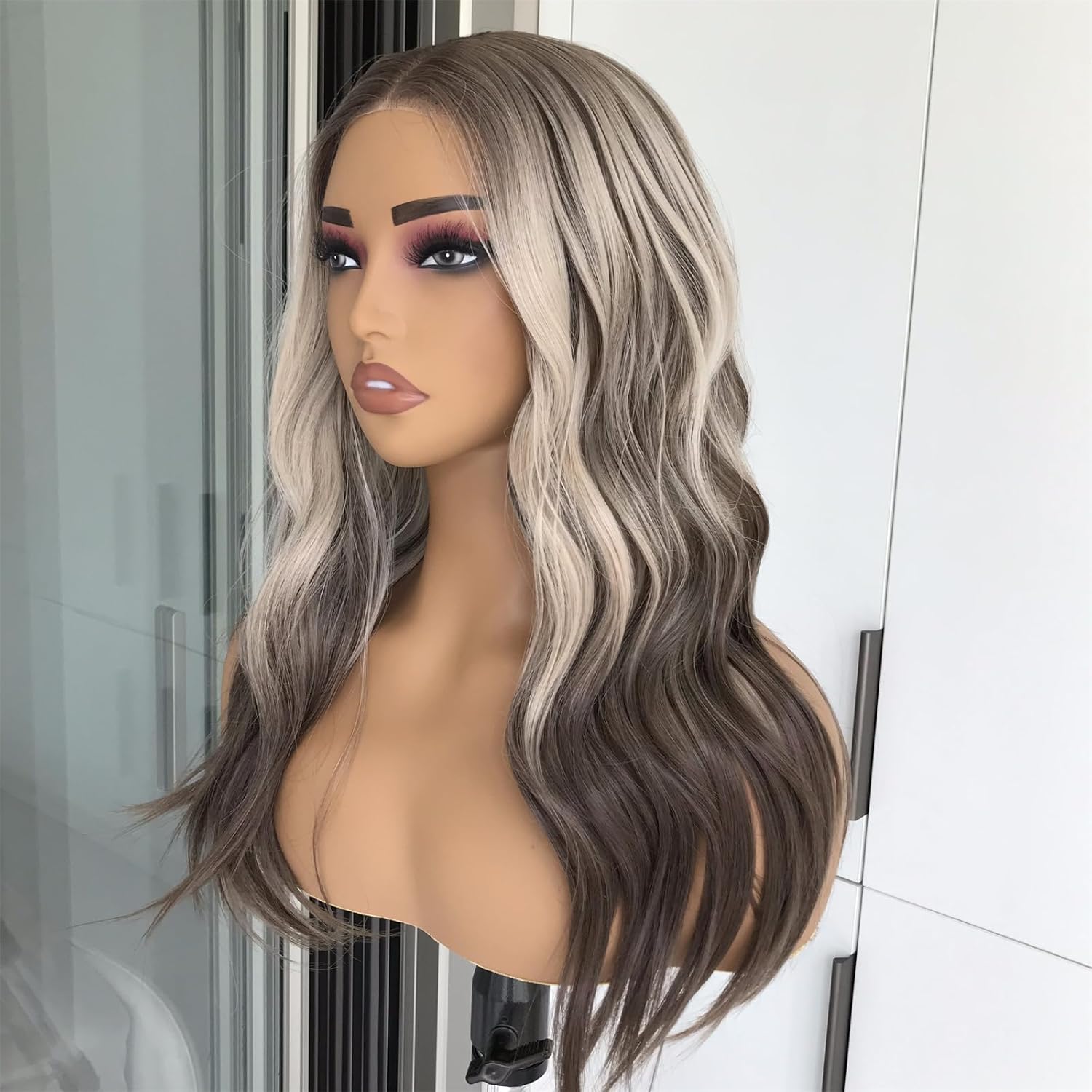 Wear and Go Glueless Pre Cut Lace Wigs for Beginner Highlight Blonde mix Brown Body Wave Synthetic Lace Front Wig for Women Pre Plucked Hairline 20inches 3 Seconds to Wear Daily Use