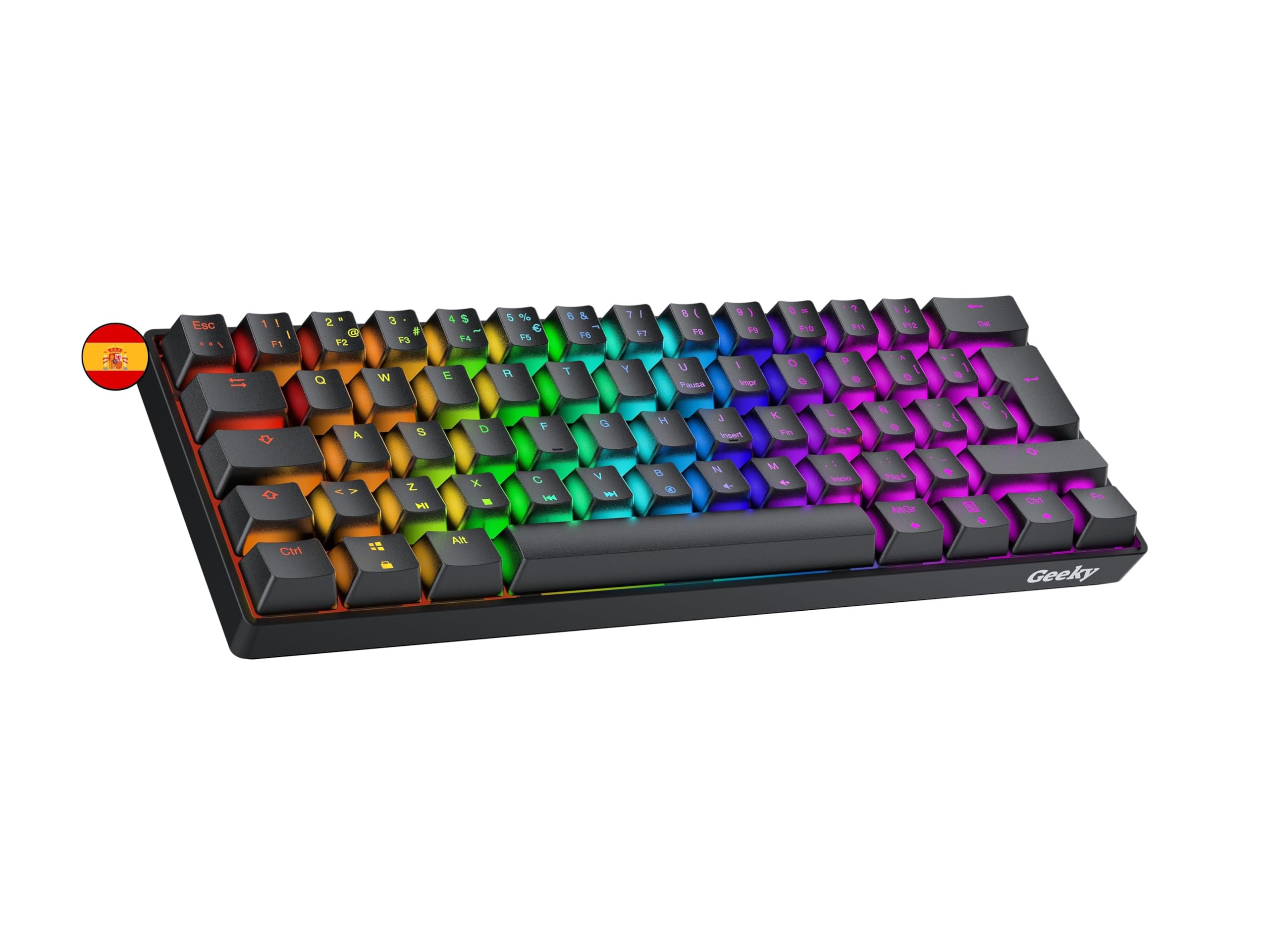 Geeky GK61 60% | Hot Swappable Teclado Mecánico de Juego | 62 Teclas Multicolor RGB LED Retroiluminado para Gaming PC/Mac | ISO ES Teclado Español + LATAM (Negro, Mechanical Brown)