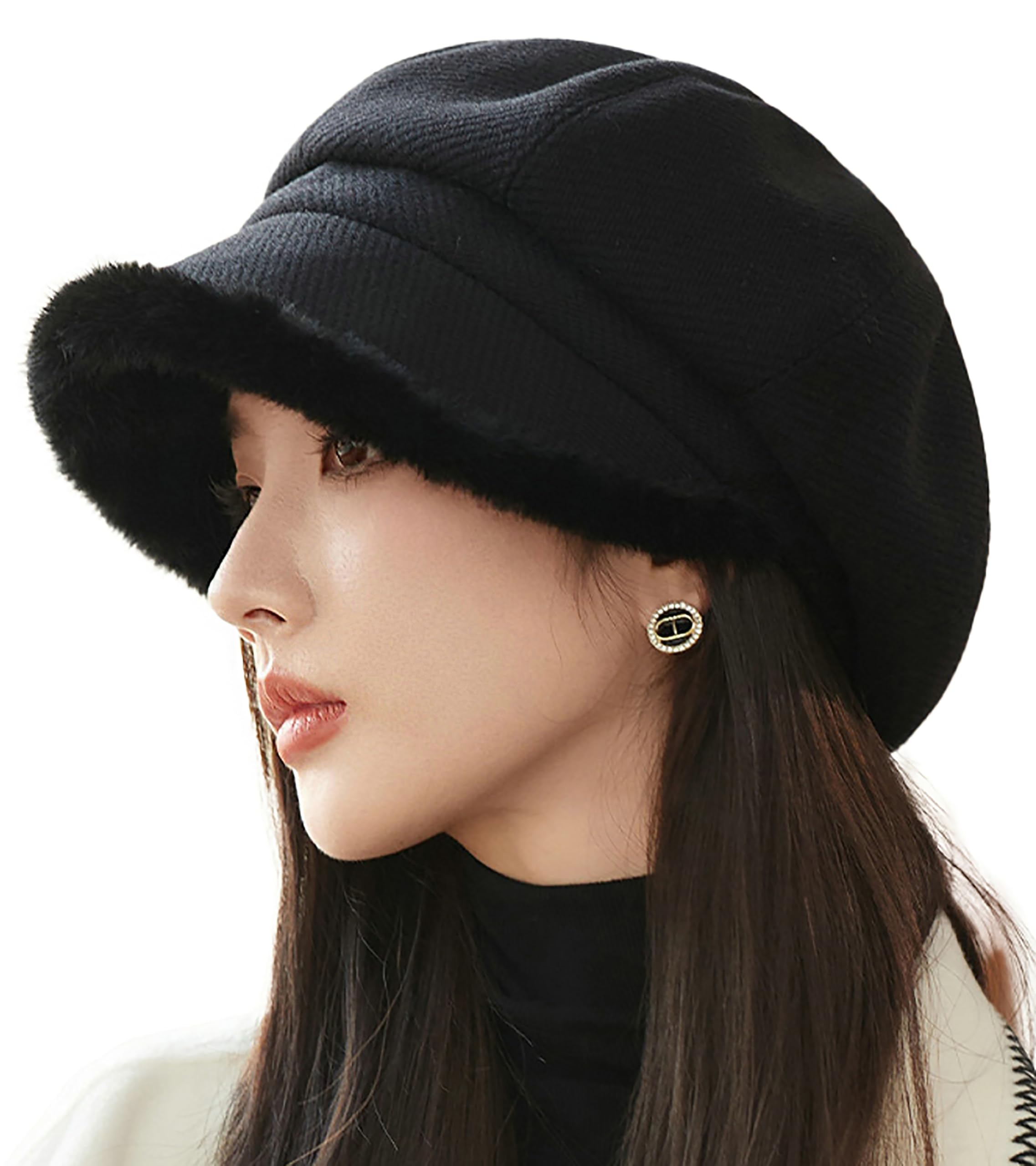 Fleece Lined Beret Hats Women Warm Painter Caps Fur-Trimmed 