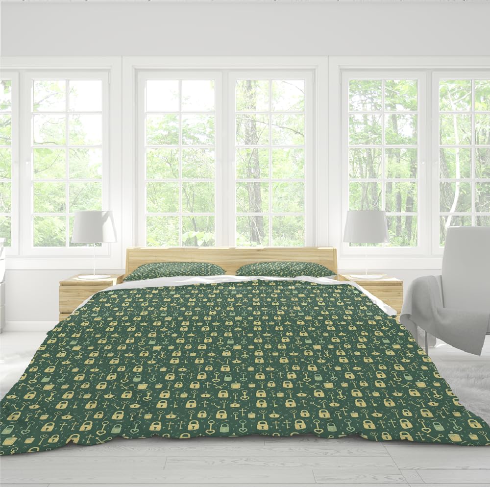 Juego Ropa Cama Suave y Transpirable con Estampado de Dibujos Animados Set de Fundas de edredón de 3 Piezas con Patrones Beige Verdes 2 Fundas de Almohada para habitación bebé 240 x 220 cm