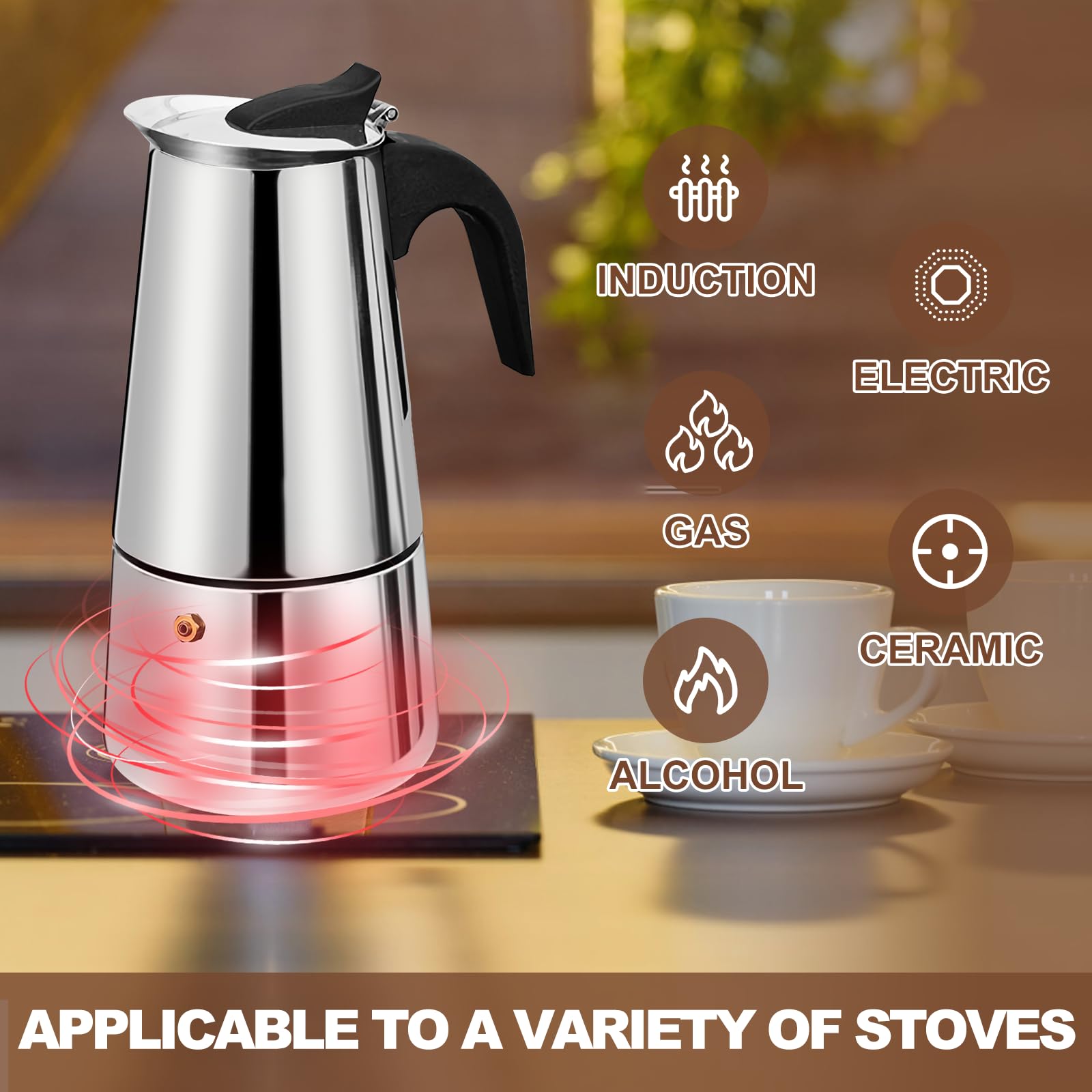 Cafetera Espresso de 9 Taza de Acero Inoxidable Moka Pot Cafetera Espresso Percoladora Cafetera Italiana Capaz Cafetera Moka Cafe Classic Maker Para el Hogar y Camping 450ml 15oz