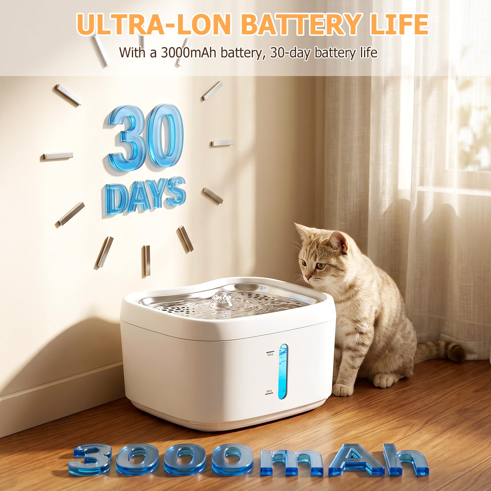 Fuente para gatos inalámbrica, 2,5 L, con detector de movimiento, funciona con pilas, 3000 mAh, fuente de agua con 2 filtros de carbón + 2 esponjas