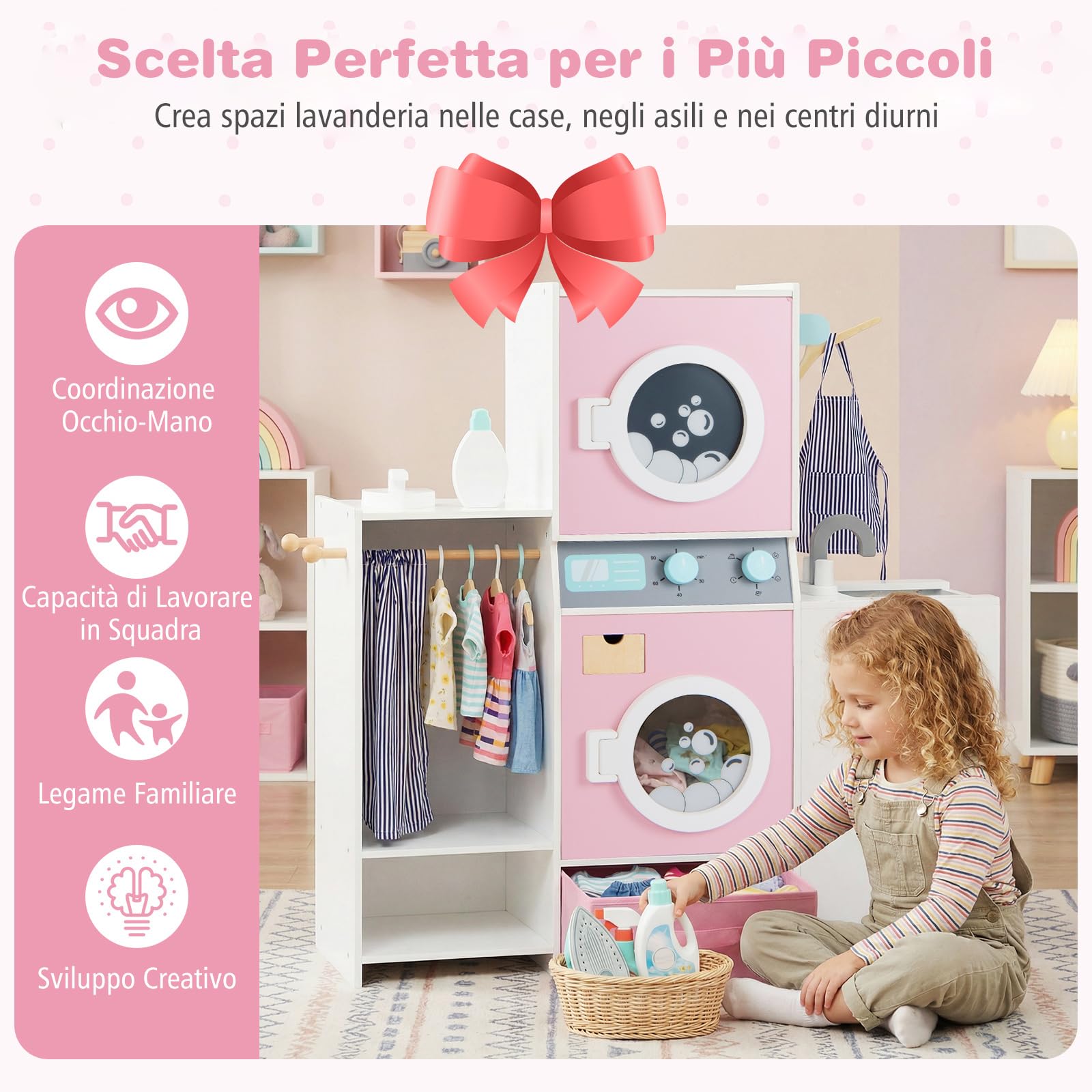 COSTWAY Lavatrice Giocattolo per Bambini, Set Gioco Lavanderia in Legno con Lavatrice, Asciugatrice, Rubinetto e Accessori, Simulazione Elettrodomestici, Giocattolo Educativo 3+ Anni, 89 x 30 x 88 cm
