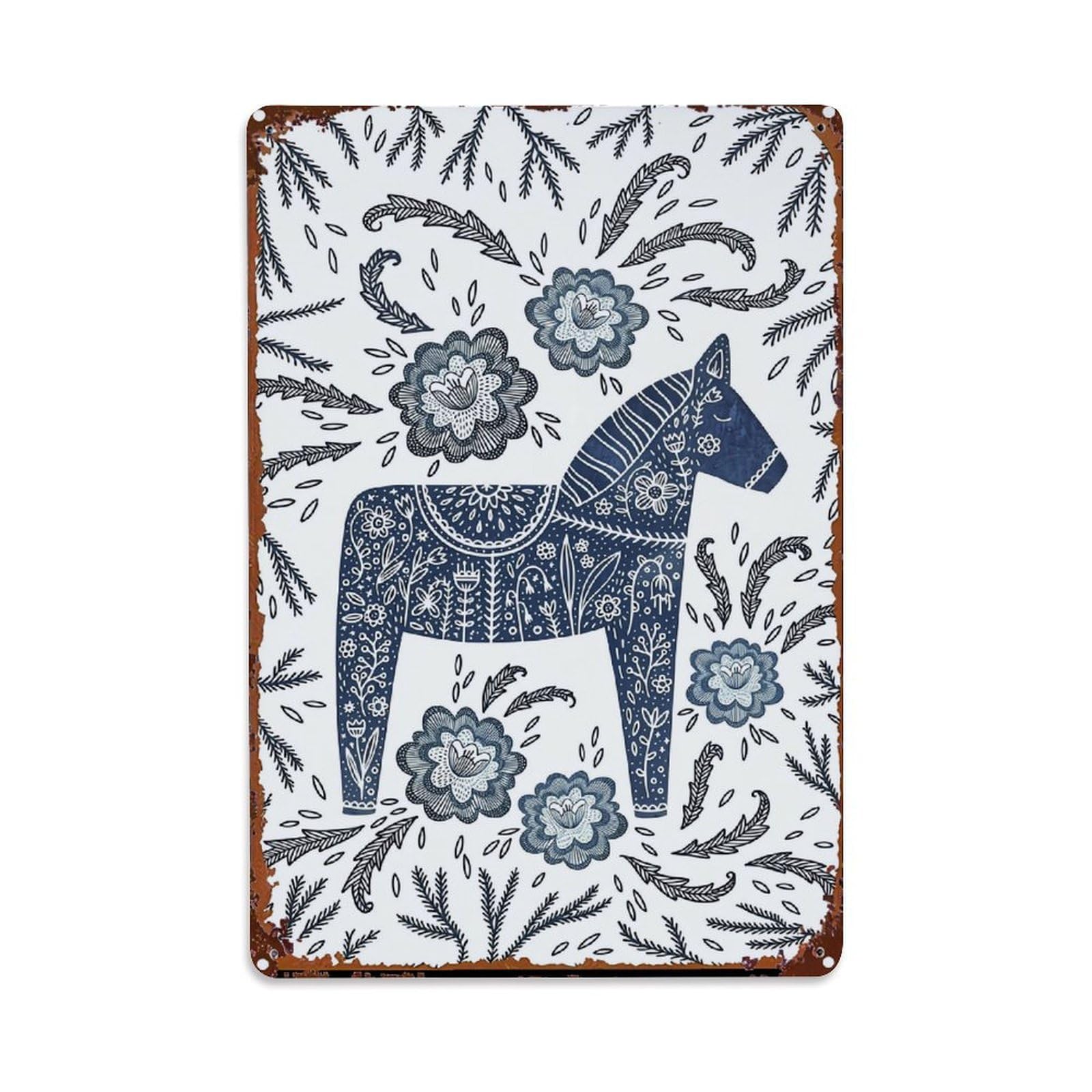 Blue Floral Horse Pattern Print Retro Metal Tin Sign, Vintage Metal Poster for home, Gaming Room, Studio Workshop,Bar,Garage Wall Art Decor 8x12 Inch