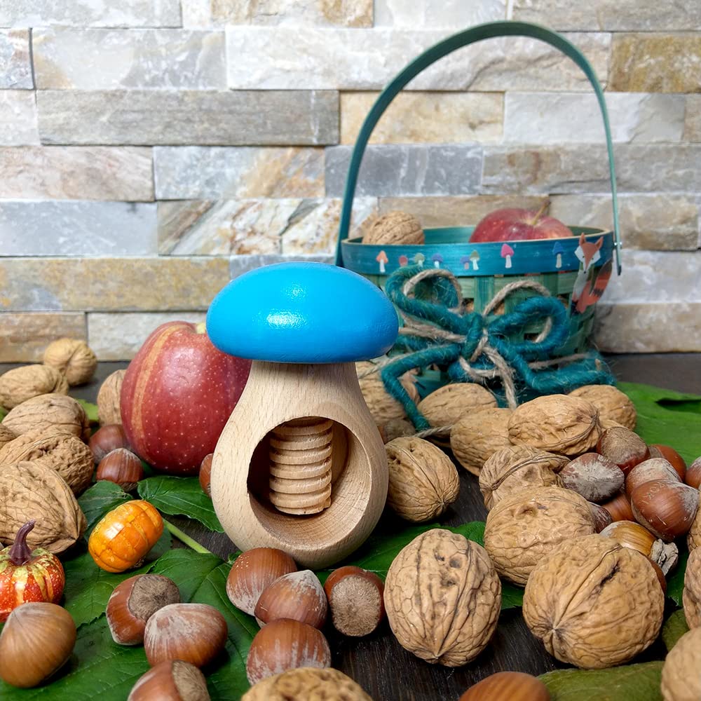 HOFMEISTER Nussknacker-Pilz Aus Buchenholz – Handgefertigt, Knackt Jede Nuss, Ideal Für Kinder, Blau