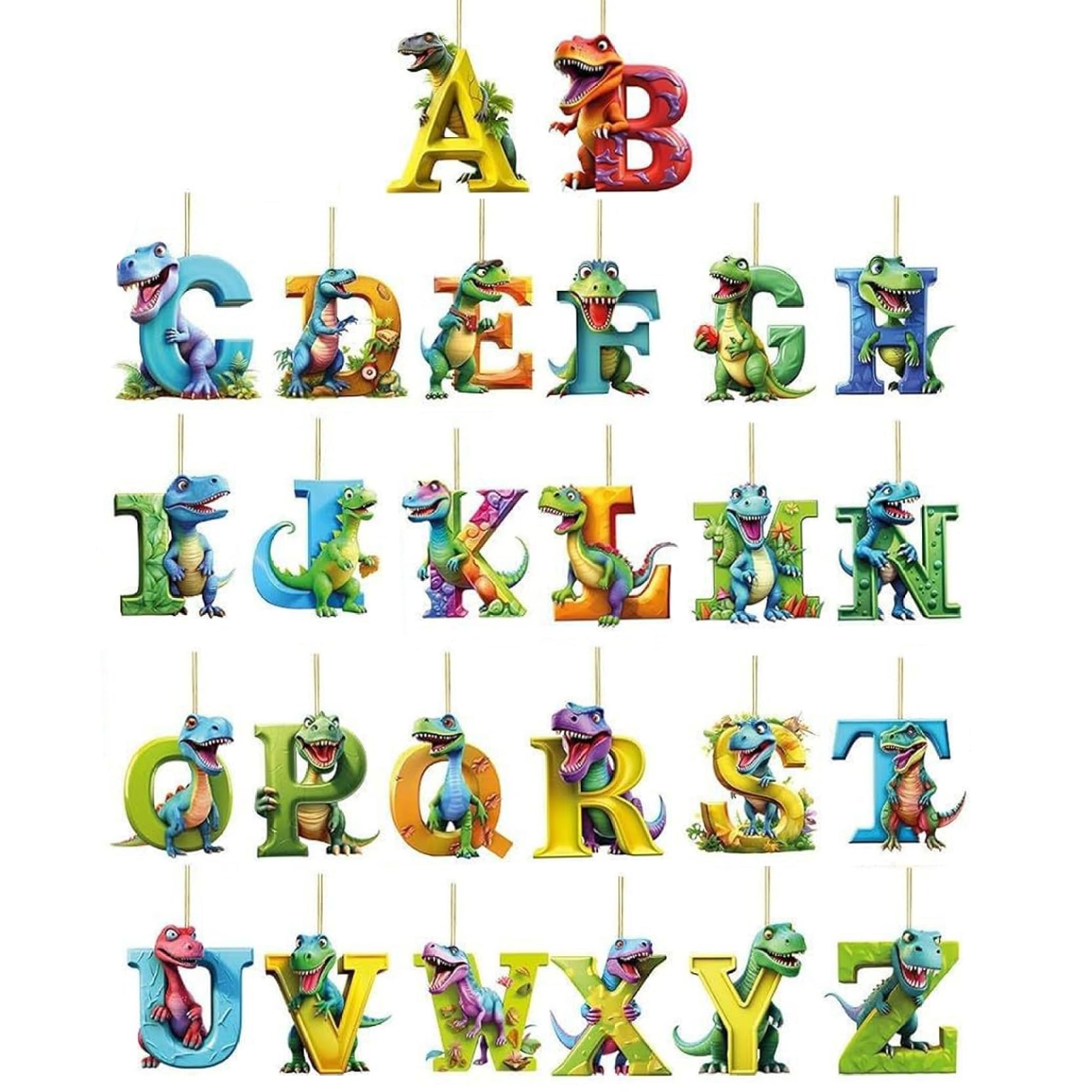 Wedhapy 26Pcs Dinosaur Ornament Dinosaur Christmas Ornament, 26 Letter Dinosaur Christmas Tree Ornaments, Acrylic 2D Dinosaur Ornament For Christmas Tree,Car Ornament