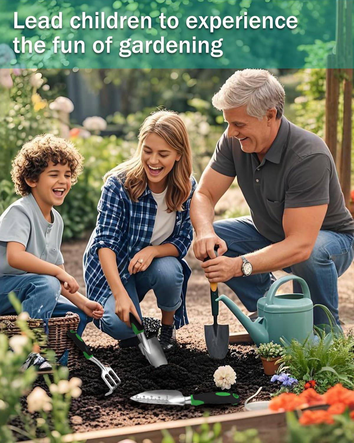 Juego de 3 herramientas de jardín, juego de herramientas de jardín de aluminio fundido resistente con paleta de mano, paleta de trasplante, rastrillo cultivador, mango ergonómico antideslizante de