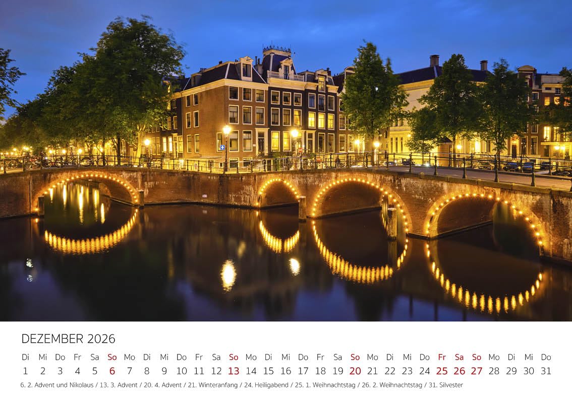 Edition Seidel Kalendarz premium Amsterdam na rok 2026, format DIN A4, kalendarz ścienny, Europa, Holandia, tulipany, kanały, mosty metropolia, panoramę