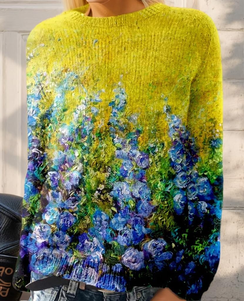 Women's Colorful Painting Landscape Floral Print Sweater Casual Loose Knitted Crewneck Long Sleeve Cropped Pullover Tops - Image 2