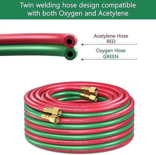 Miniatura 5 de Manguera de acetileno de oxígeno de 26 pies/26.2 ft, manguera de soldadura IMAGE de 1/4 pulgadas x 26 pies con accesorios de 9/16 pulgadas-18B