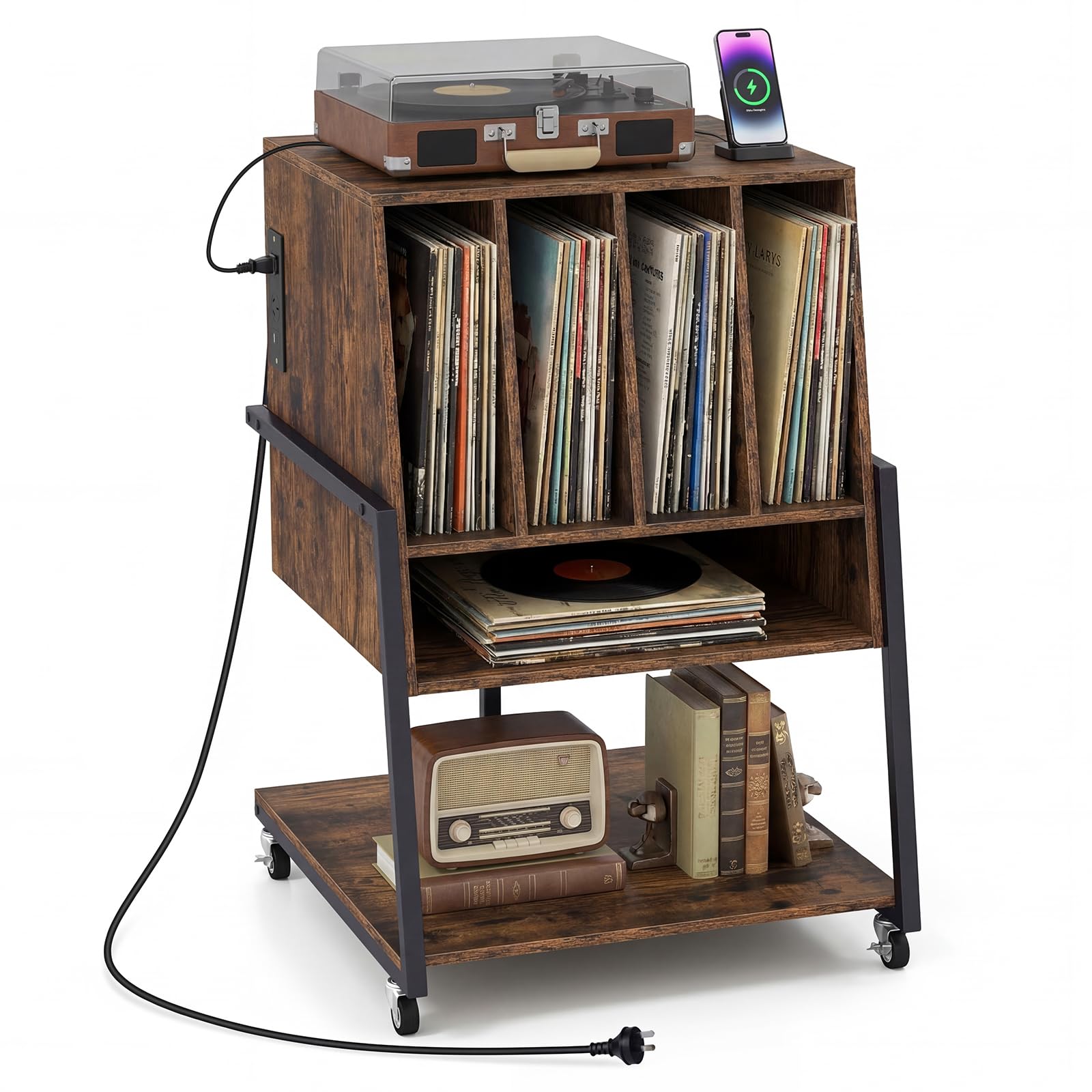 COSTWAY Supporto per Giradischi, Mobile Porta Giradischi con 4 Scomparti e Ripiani Aperti, Scaffale per Dischi in Legno con Ruote e Piedini Regolabili (Marrone Rustico, Con Presa di Corrente)