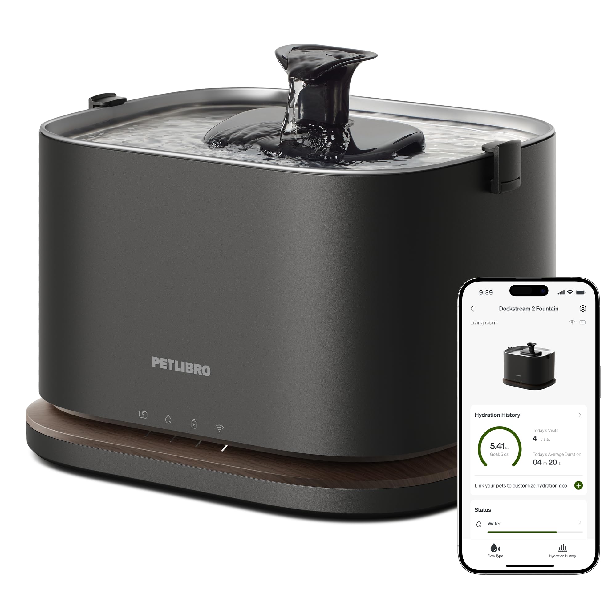 PETLIBRO Upgrade Cat Water Fountain, Cordless Cat Fountain Battery Operated, App Monitoring 3L/101oz Dockstream 2 Pet Water Fountain with Stainless Steel Tray, 5GHz WiFi Dog Water Bowl Dispenser