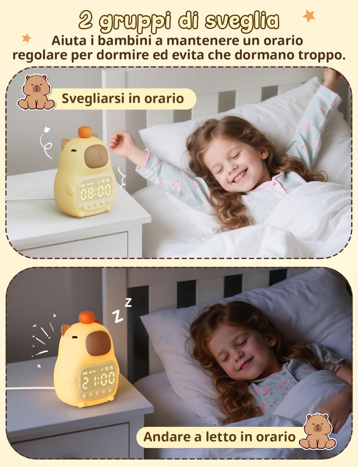 YISSVIC Sveglia per Bambini con 2 Sveglie, Regolazione Volume, Funzione Snooze, 5 Suonerie, Luci Notturne Sveglia Ricaricabile 1800 mAh