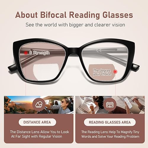 Miniatura 4 de PUBOWT Gafas de lectura bifocales para mujer, ojo de gato, de gran tamaño, bloqueo de luz azul, para lectores de computadora, gafas de diseñador