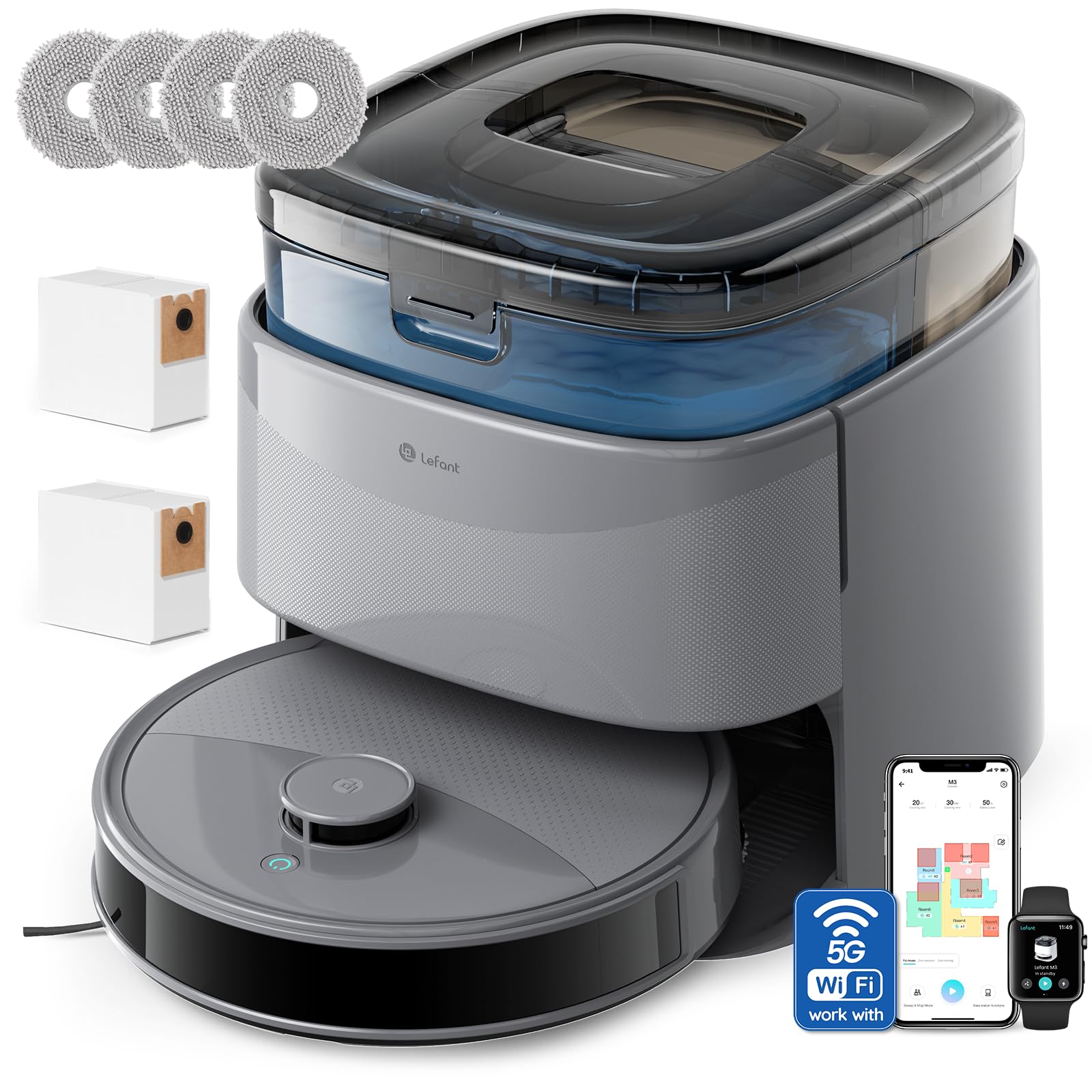 LEFANT M3 MAX Robot Aspirador y Fregasuelos, Todo-en-Uno 20 000 Pa, Auto-Lavado/Secado Mopa, Auto-Vaciado 3,2L, Evita Obstáculos, Ideal para Hogares