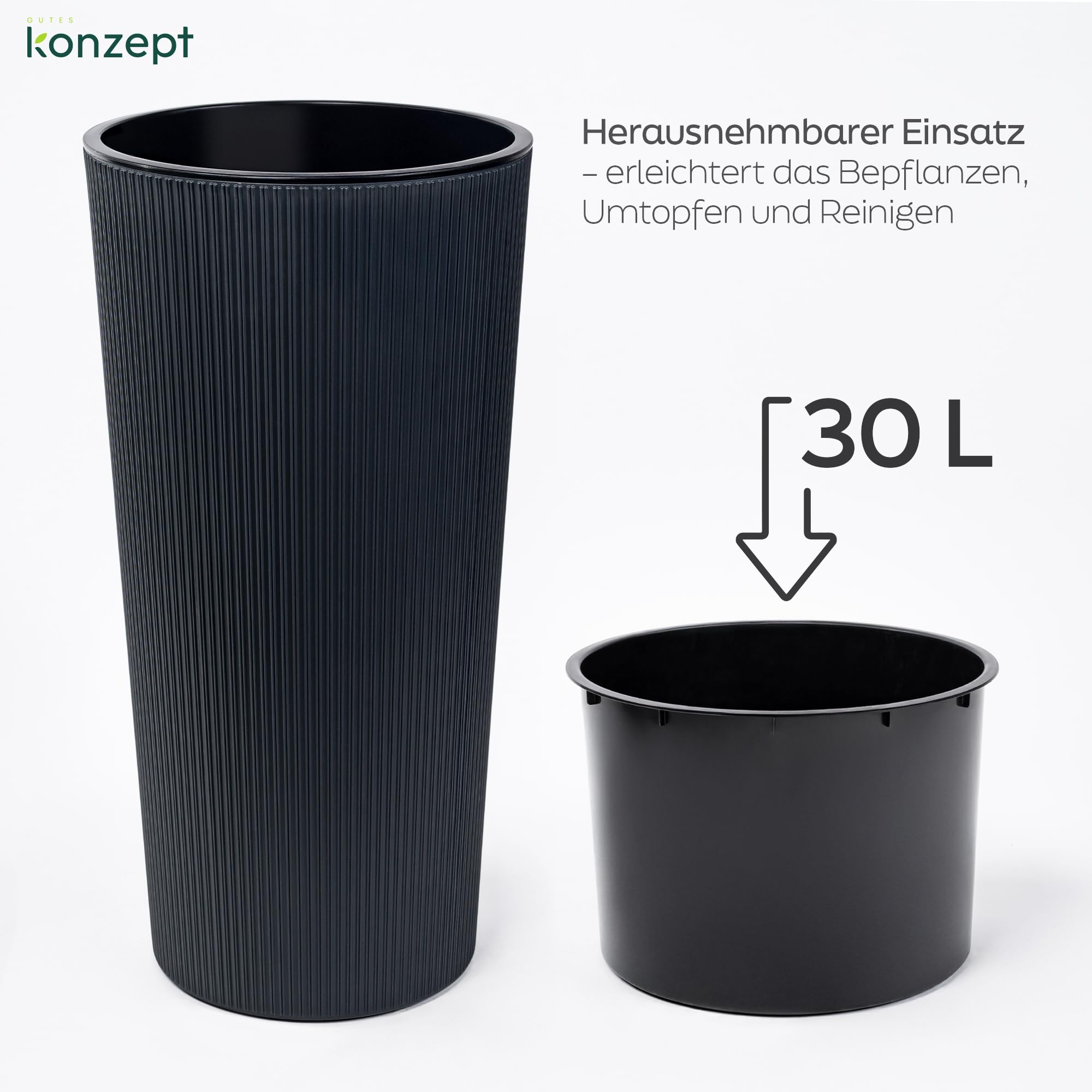 KONZEPT Blumentopf mit Einsatz – Hoch 75cm – für Außenbereich, wetterfest, UV-beständig & mit Rillenstruktur – Anthrazit, Eco-Kunststoff, ideal für Garten, Balkon, Terrasse & Innenräume