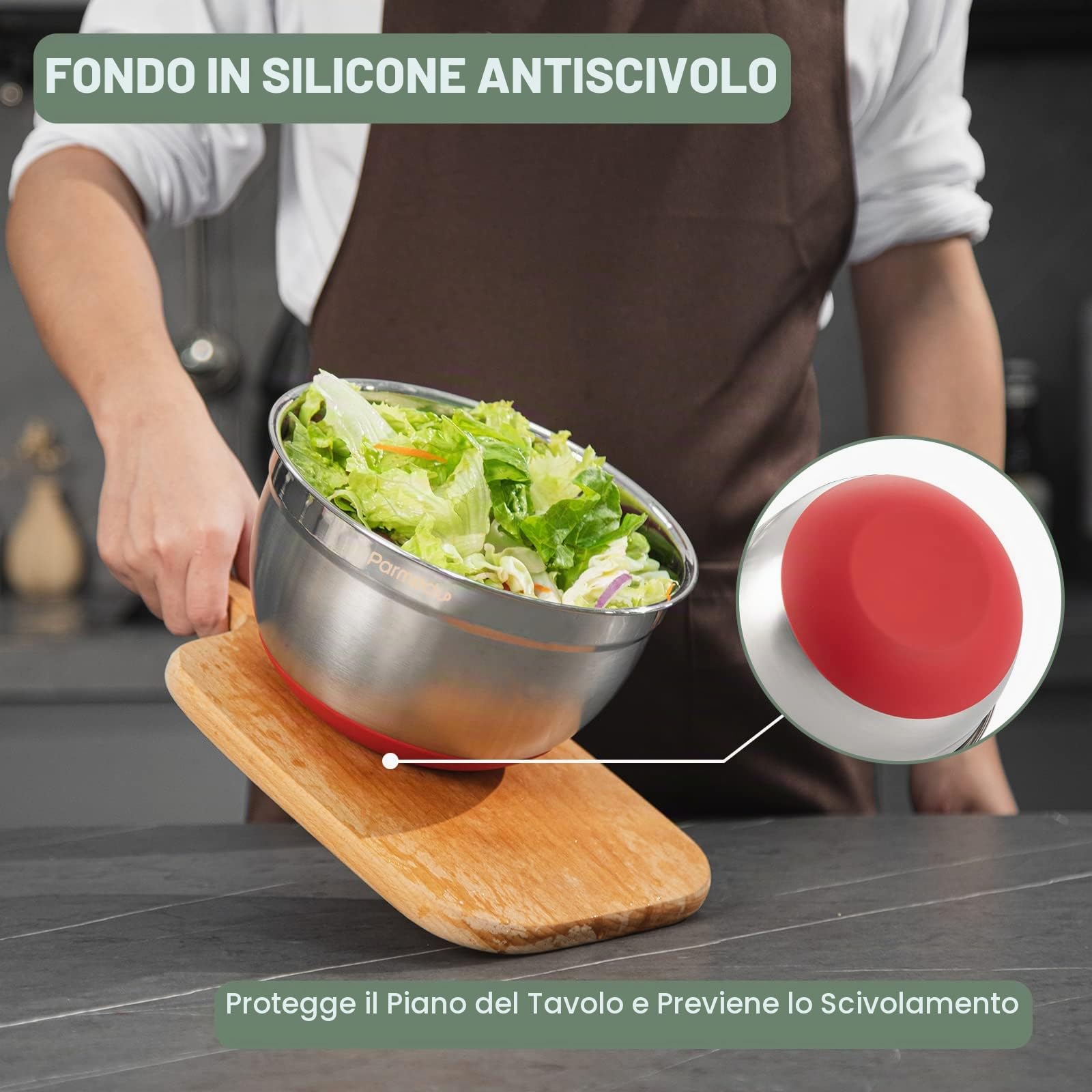 PARMEDU Set di Ciotole per Miscelazione in Acciaio Inossidabile 100% 18/8 con Coperchi Ermetici, 3 Ciotole Nidificanti con Segni di Scala e Fondo Antiscivolo, Misura 2L/1,5L/1L