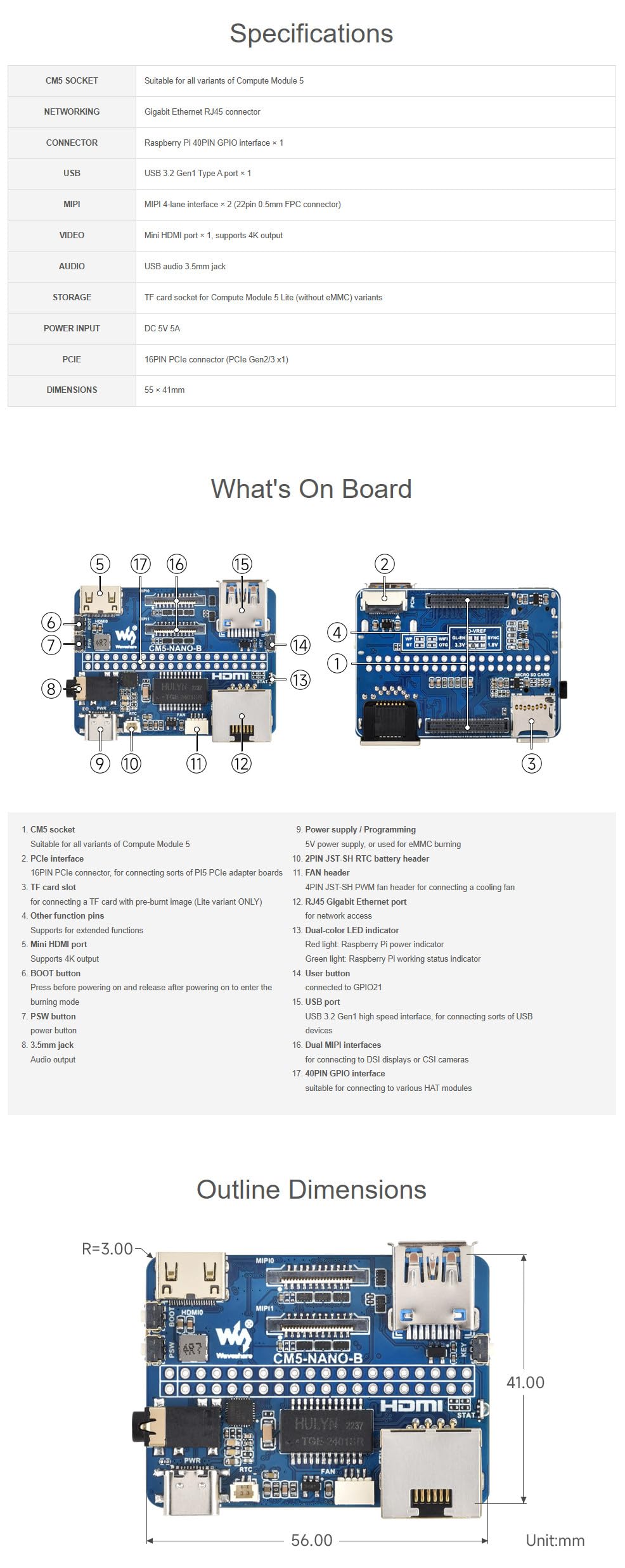 Nano Base Board (B) for Raspberry Pi CM5 | Compact Compute Module 5 Base Board | Same Size as CM5 | Multi-Interface Design | Ideal for Evaluation & Integration